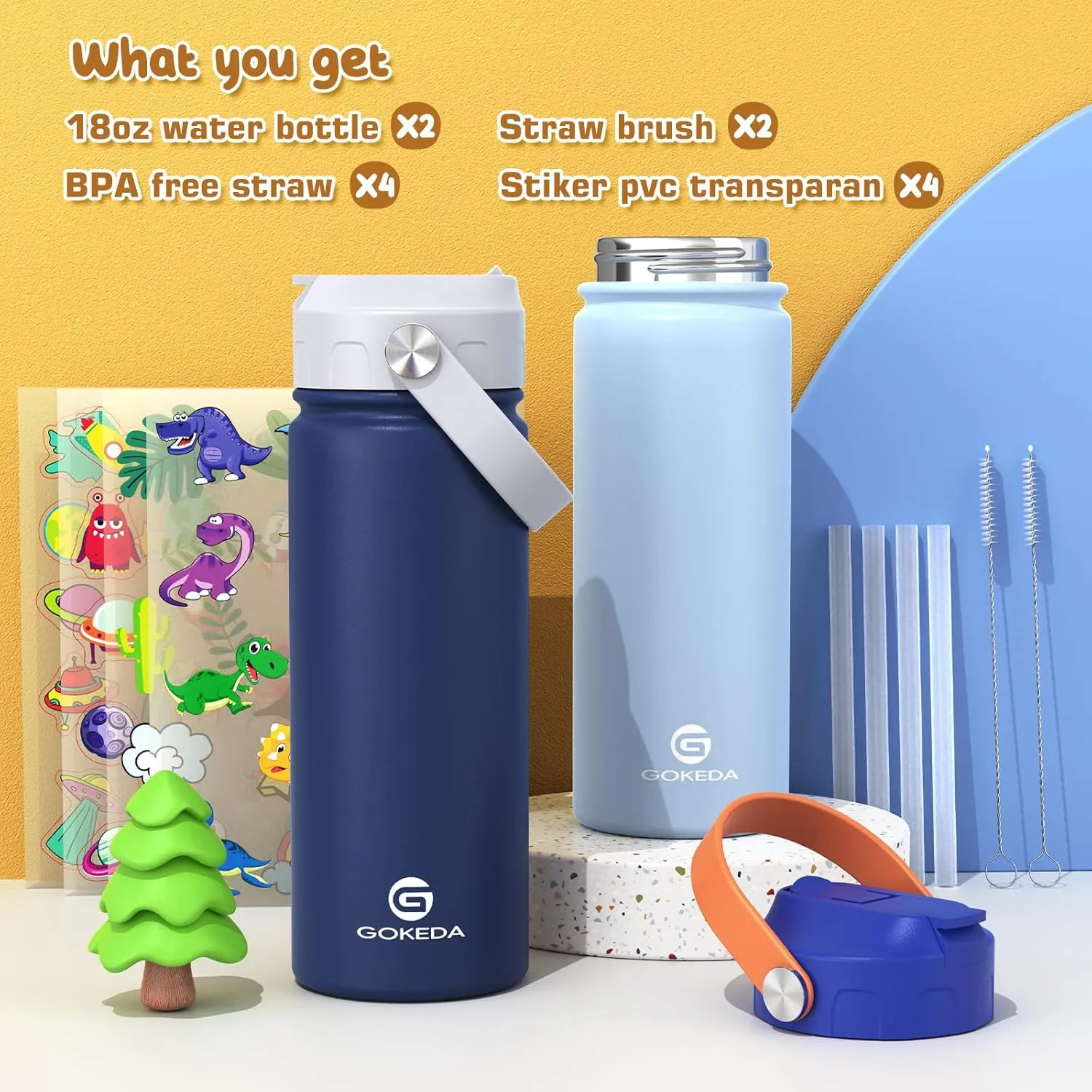 18oz Kids Water Bottle, 2 Pack Insulated Bottles with Stickers, 18/8 Stainless Steel Vacuum Leak Proof Straw Cup for School, Gifts for Boys(Light Blue, Dark Blue)