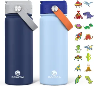 18oz Kids Water Bottle, 2 Pack Insulated Bottles with Stickers, 18/8 Stainless Steel Vacuum Leak Proof Straw Cup for School, Gifts for Boys(Light Blue, Dark Blue)