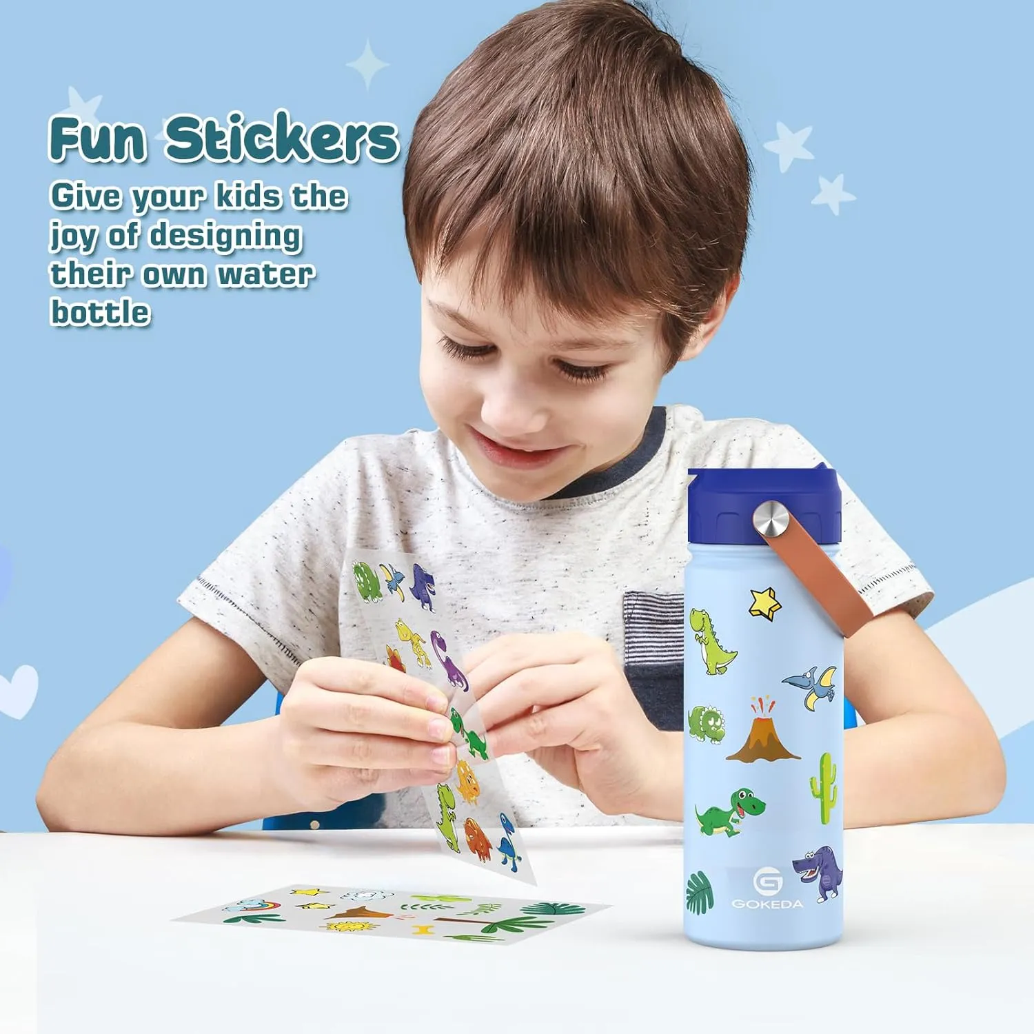 18oz Kids Water Bottle, 2 Pack Insulated Bottles with Stickers, 18/8 Stainless Steel Vacuum Leak Proof Straw Cup for School, Gifts for Boys(Light Blue, Dark Blue)