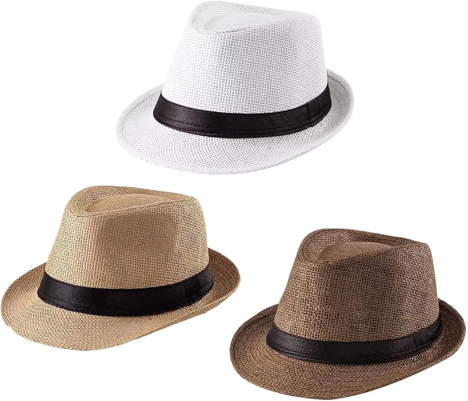 3 Pack Men Women Straw Panama Hat Fedora Beach Sun Hat Short Brim Trilby Hat