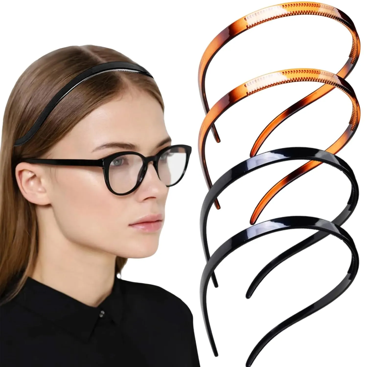 4 Pcs No Pressure Plastic Flex Headbands for Women Girls with Glasses No Headache Sunglasses Zig Zag Hair Bands No Slip Teeth Comb for Glasses Wearers(Black, Dark Brown)