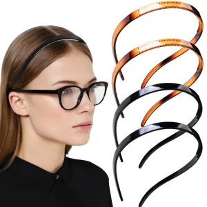 4 Pcs No Pressure Plastic Flex Headbands for Women Girls with Glasses No Headache Sunglasses Zig Zag Hair Bands No Slip Teeth Comb for Glasses Wearers(Black, Dark Brown)