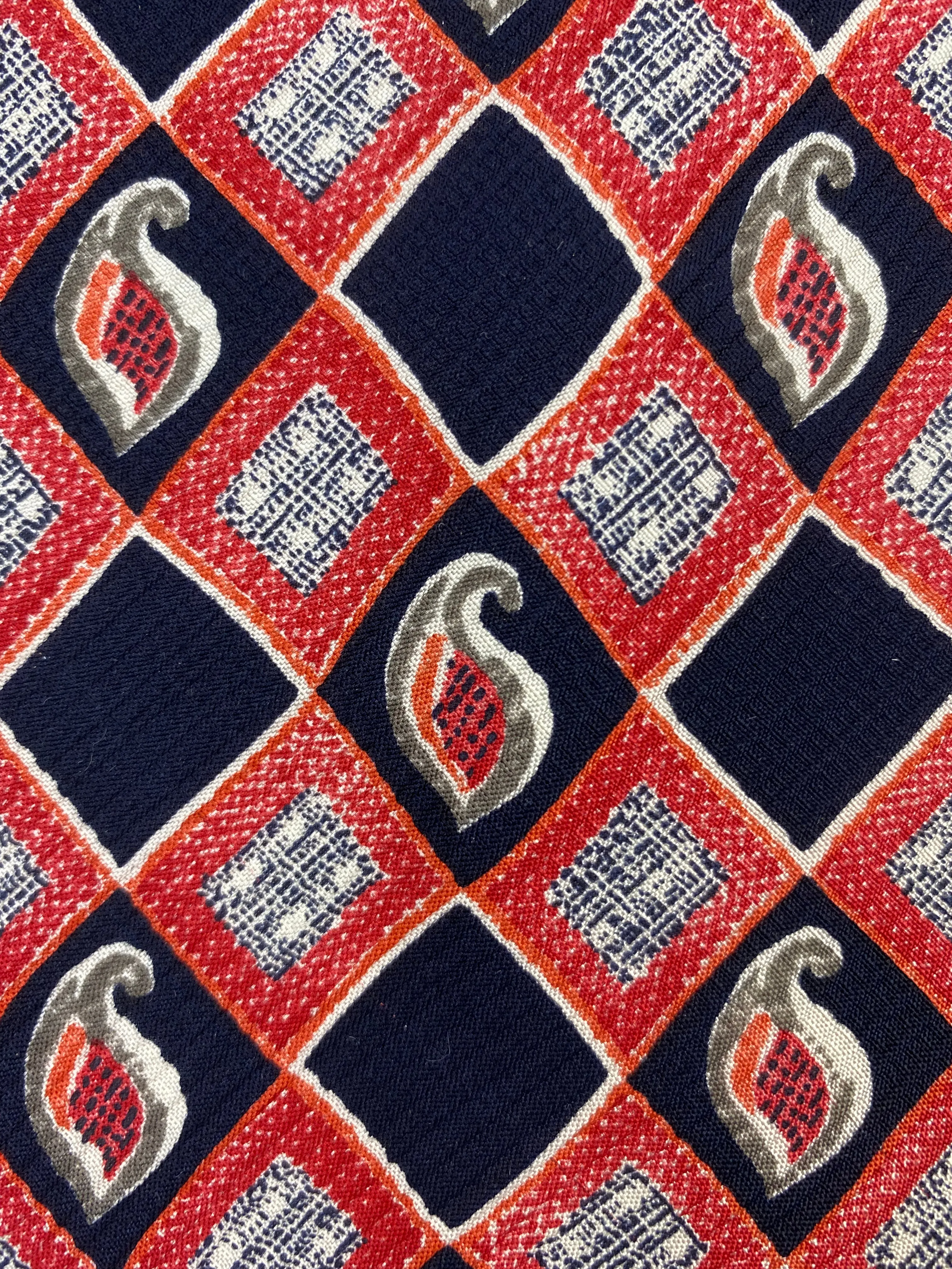 90s Deadstock Silk Necktie, Men's Vintage Red/Blue Check Boteh Pattern Tie, NOS