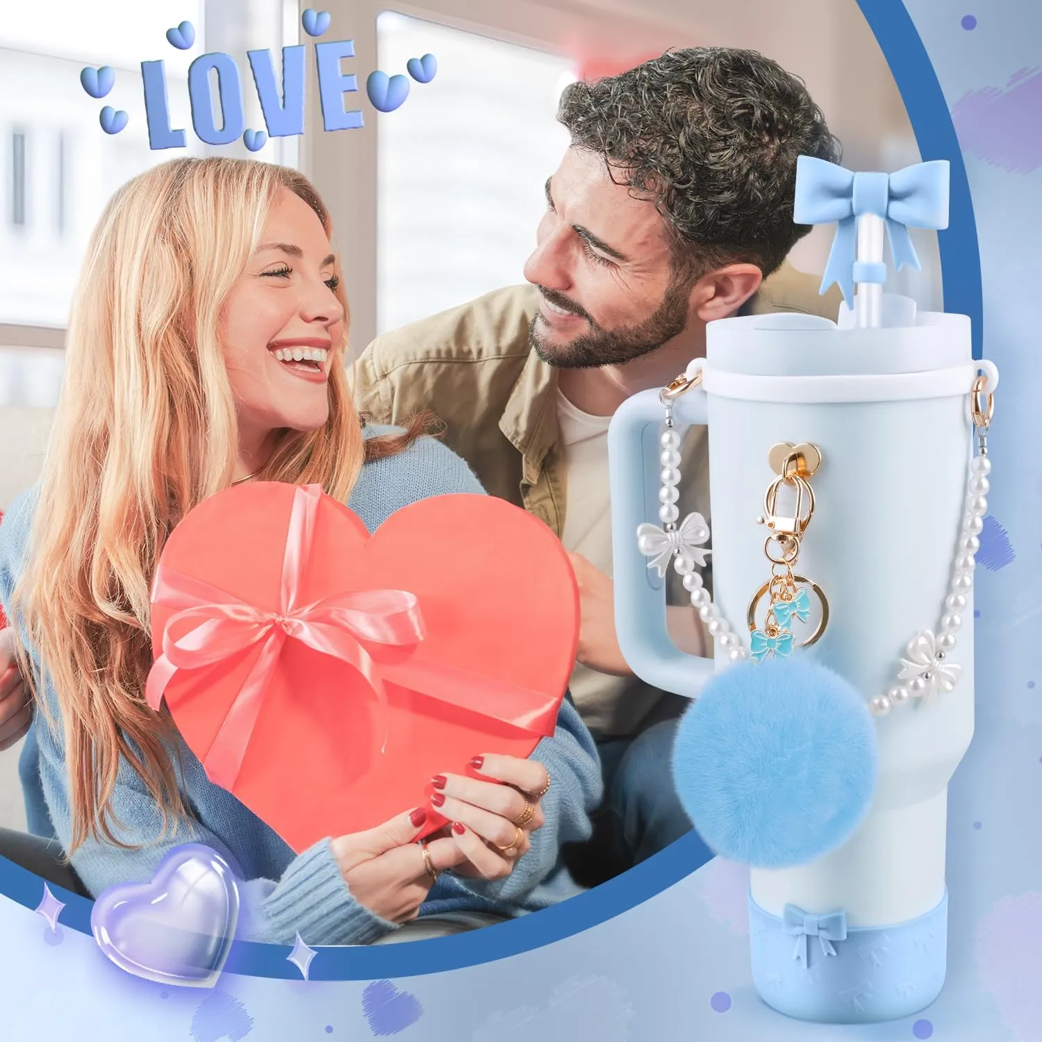 Accessories Set for Stanley Cup,Silicone Straw Cover, Cute Charm,Handle Strap,Cup Ring,Plush Pendant,Silicone Boot,Heart Buttons for 40oz & 30oz Tumbler (Light Blue)