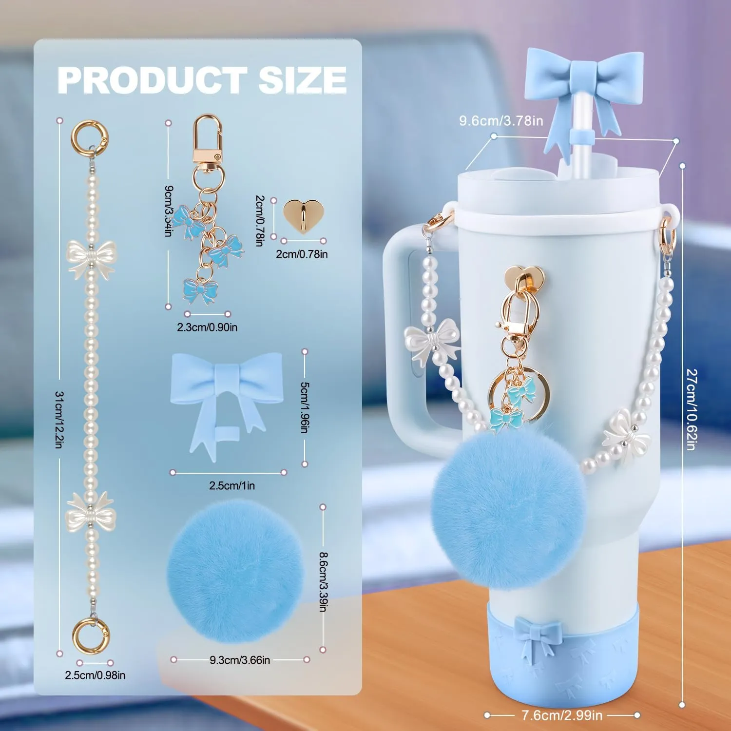 Accessories Set for Stanley Cup,Silicone Straw Cover, Cute Charm,Handle Strap,Cup Ring,Plush Pendant,Silicone Boot,Heart Buttons for 40oz & 30oz Tumbler (Light Blue)