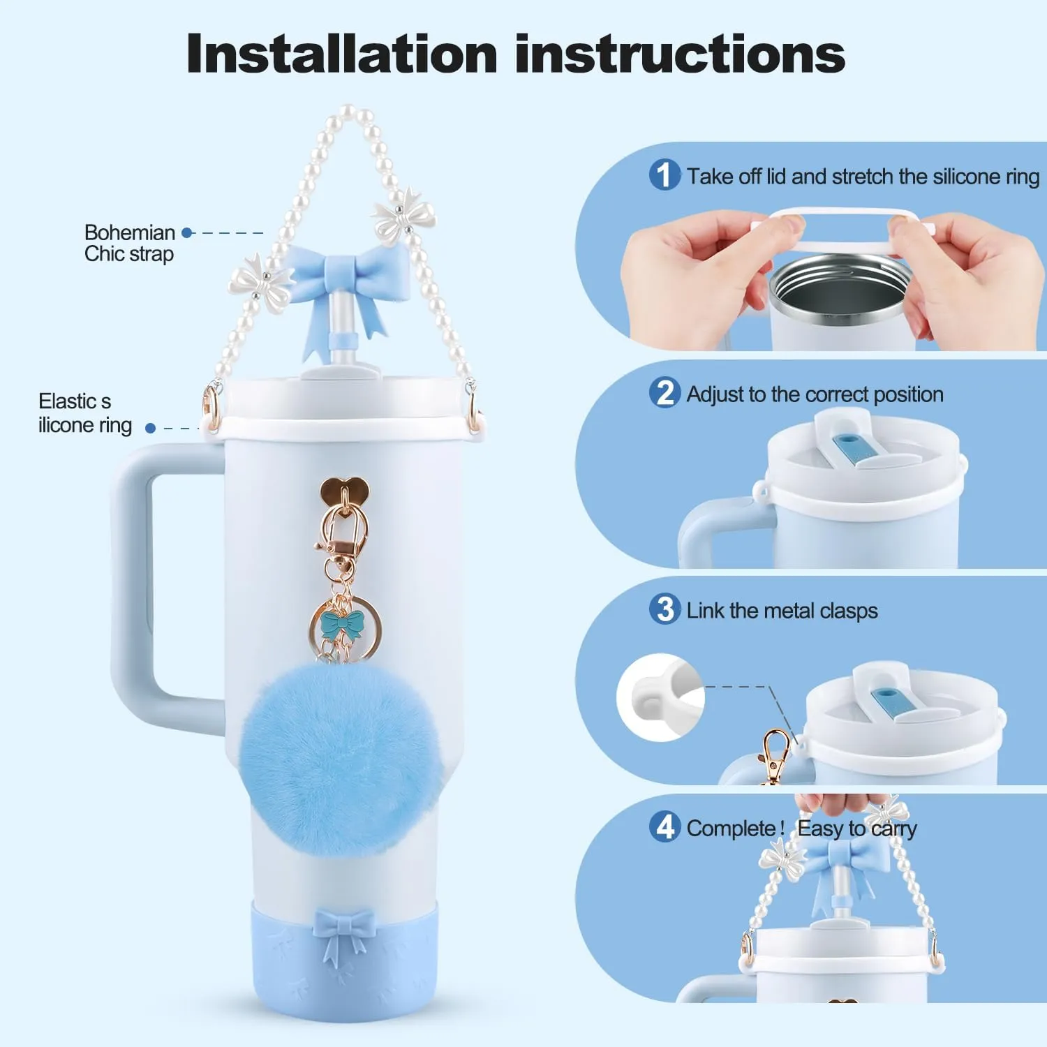 Accessories Set for Stanley Cup,Silicone Straw Cover, Cute Charm,Handle Strap,Cup Ring,Plush Pendant,Silicone Boot,Heart Buttons for 40oz & 30oz Tumbler (Light Blue)