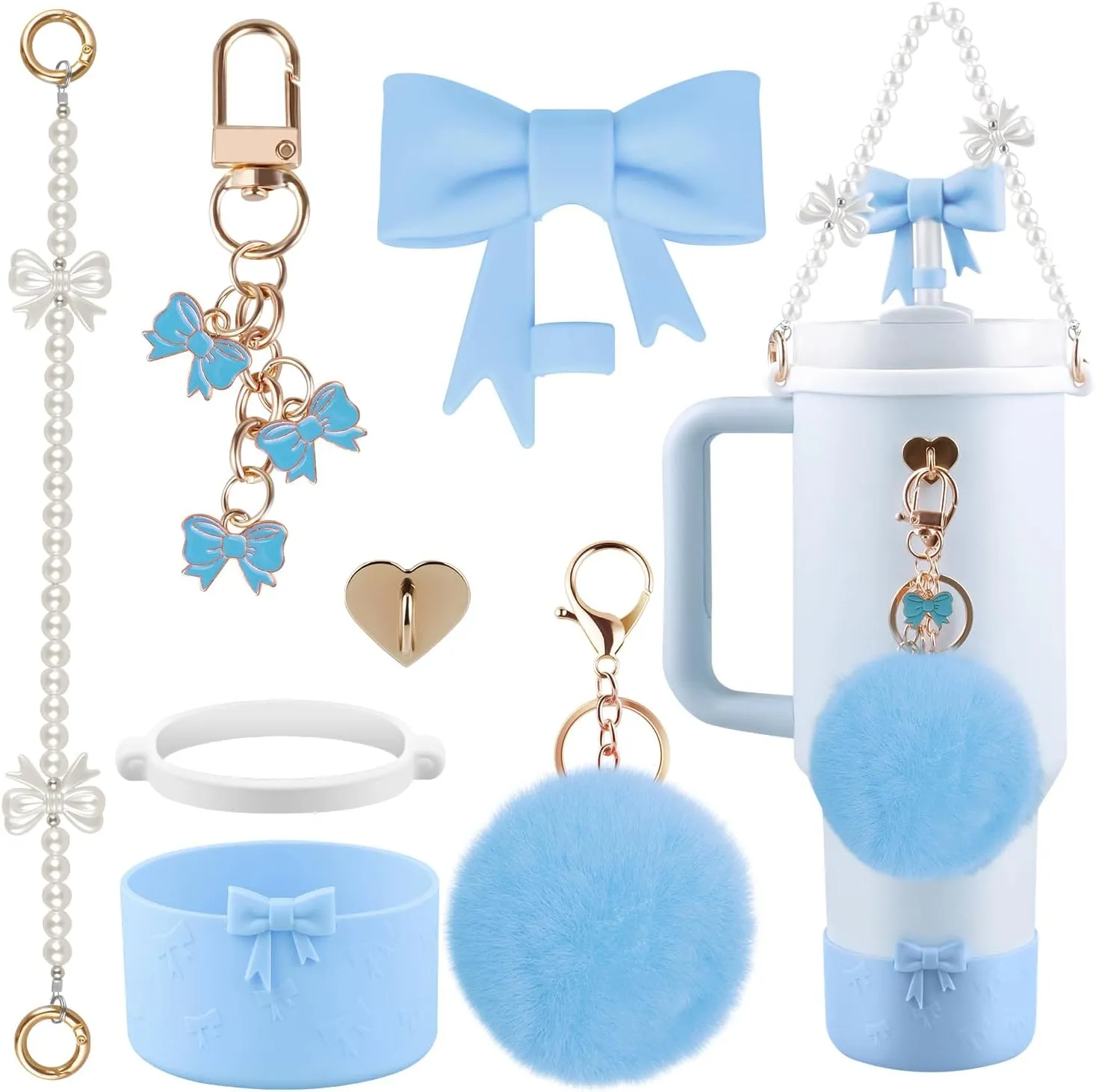 Accessories Set for Stanley Cup,Silicone Straw Cover, Cute Charm,Handle Strap,Cup Ring,Plush Pendant,Silicone Boot,Heart Buttons for 40oz & 30oz Tumbler (Light Blue)
