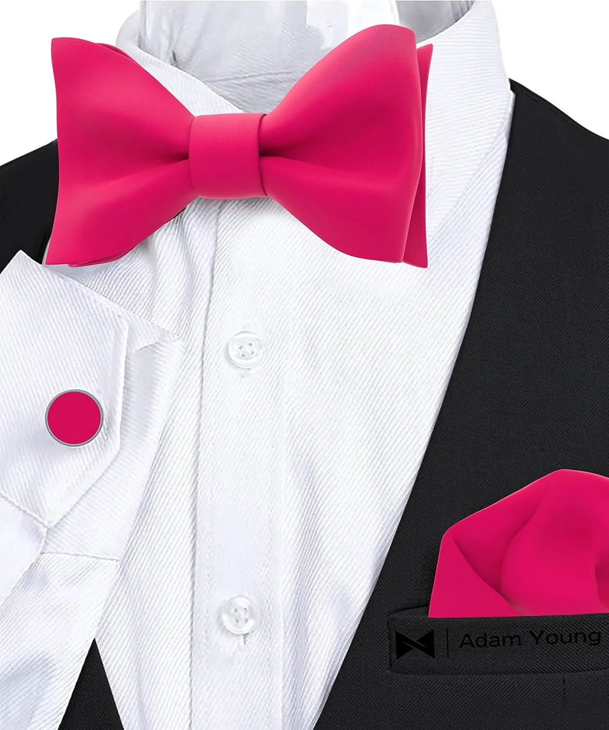 Adam Young Men's Self Tie Bow Tie Sets w/Pocket Squares & Cufflinks Sami-Glossy Satin Classy Bowtie for Tuxedo Faux Silk