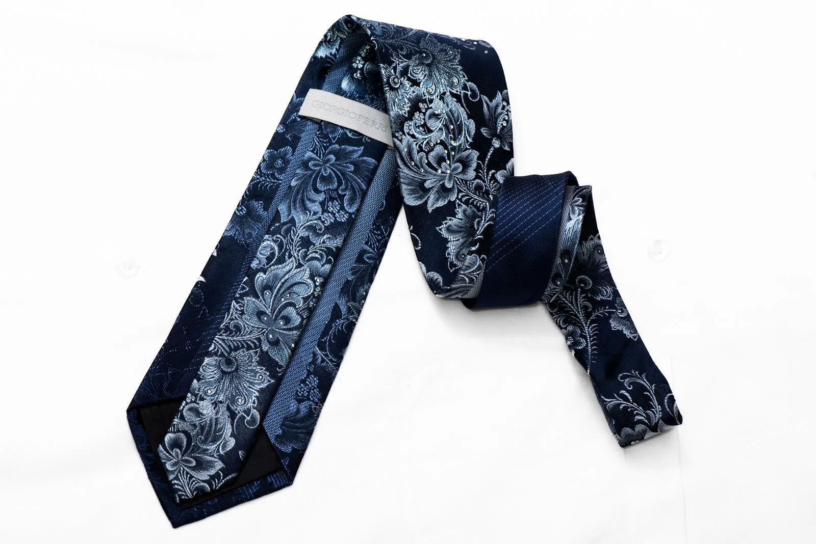 Anthemion Floral On Blue Rhinestone Silk Necktie