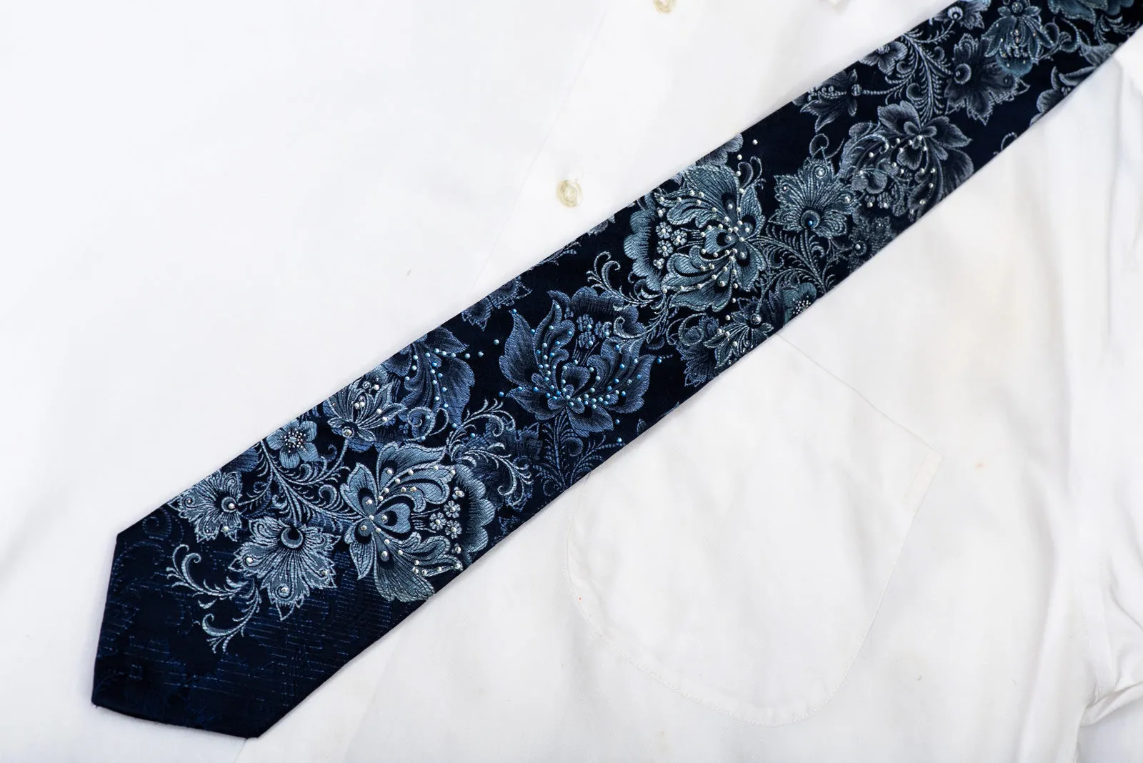 Anthemion Floral On Blue Rhinestone Silk Necktie