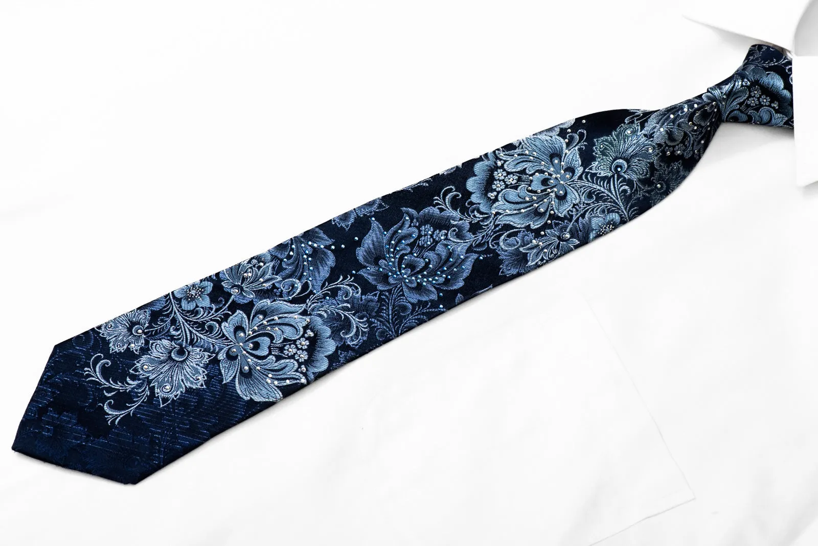 Anthemion Floral On Blue Rhinestone Silk Necktie