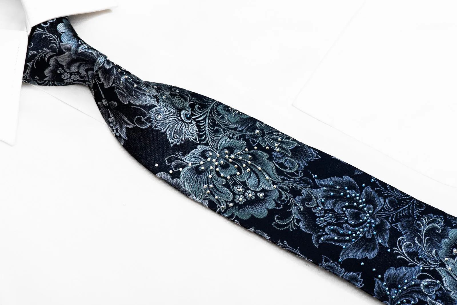 Anthemion Floral On Blue Rhinestone Silk Necktie
