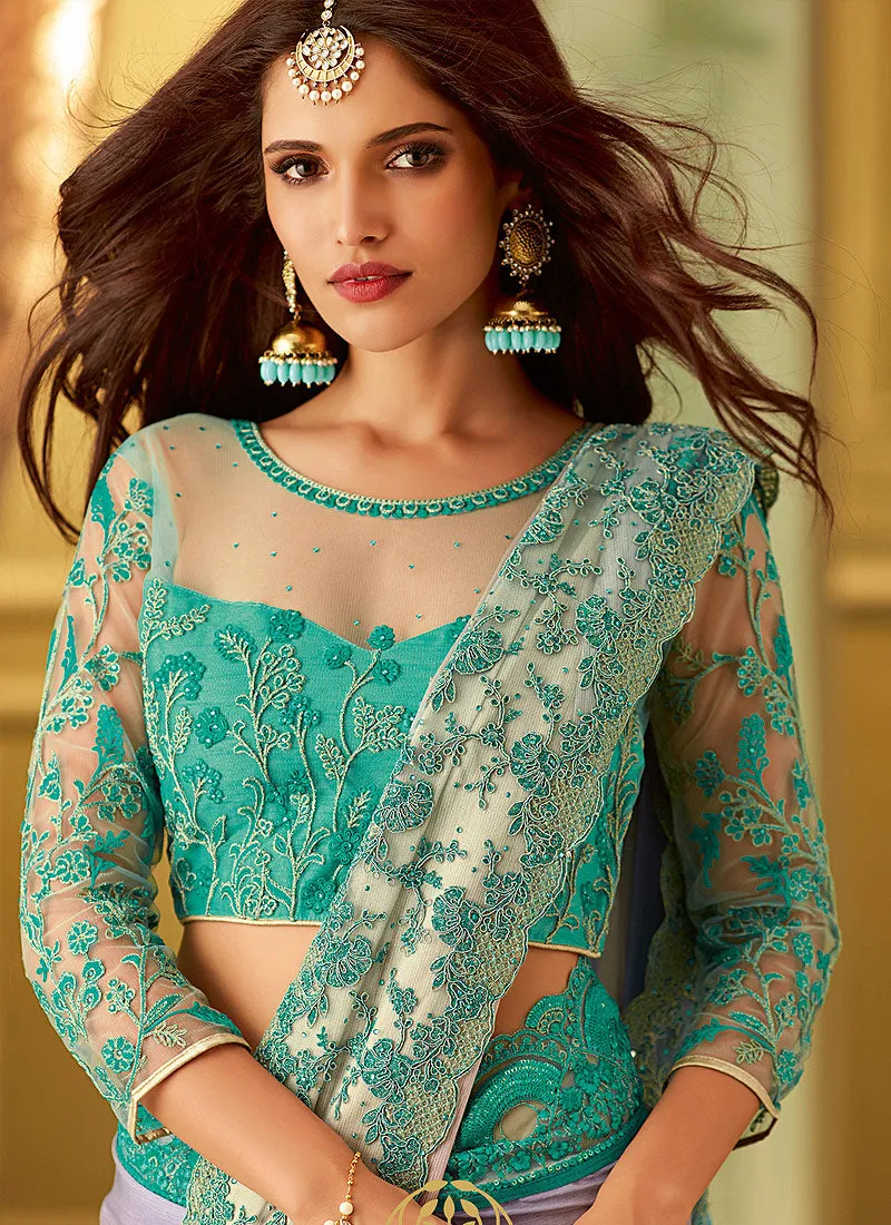 Aqua Blue And Pink Shaded Minimalist Embroidered Saree