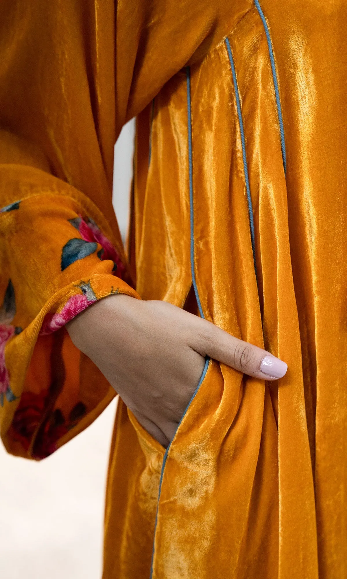 Bareen Silk velvet  Mustard Choga with floral velvet palazzo and silk scarf - Set of 3