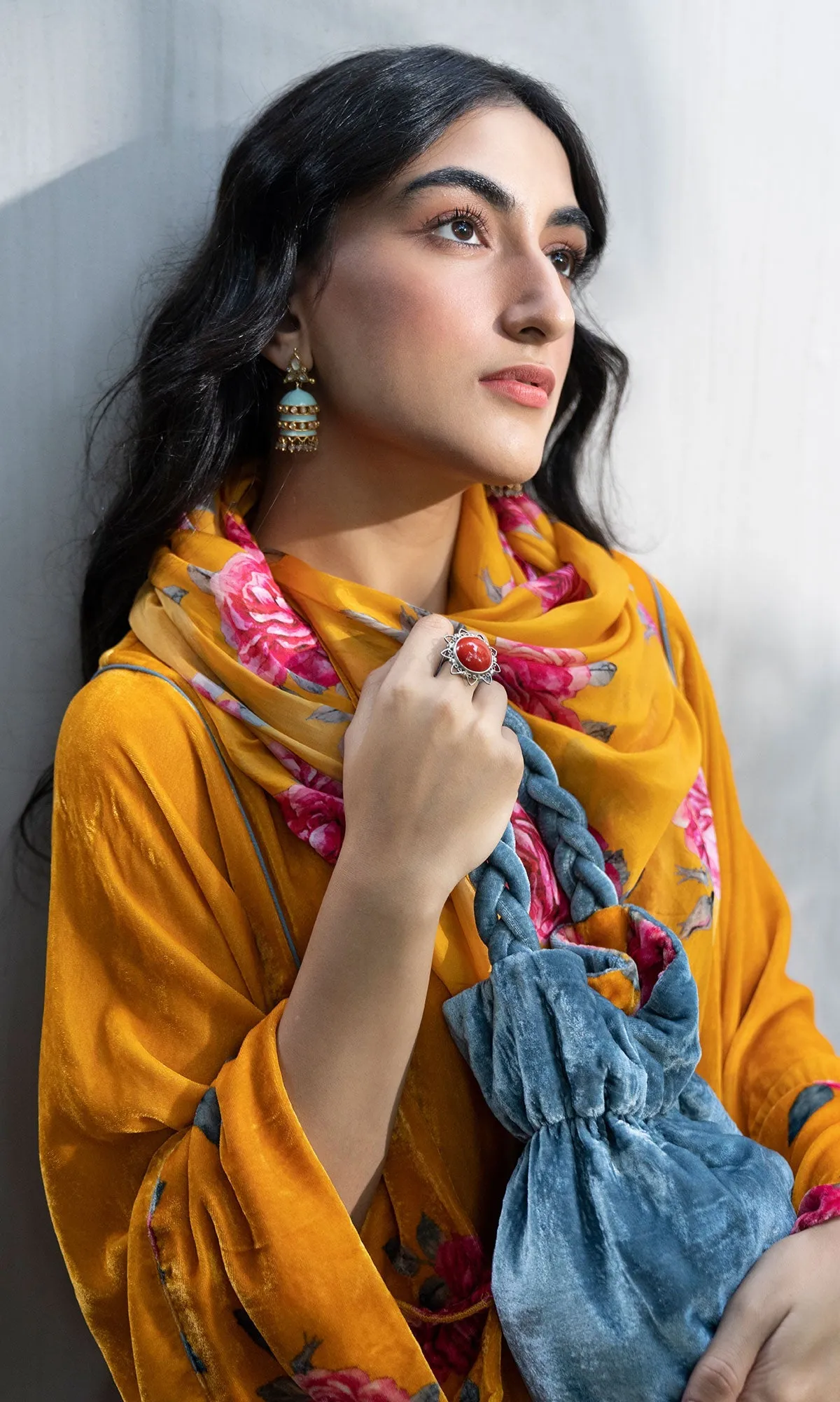 Bareen Silk velvet  Mustard Choga with floral velvet palazzo and silk scarf - Set of 3