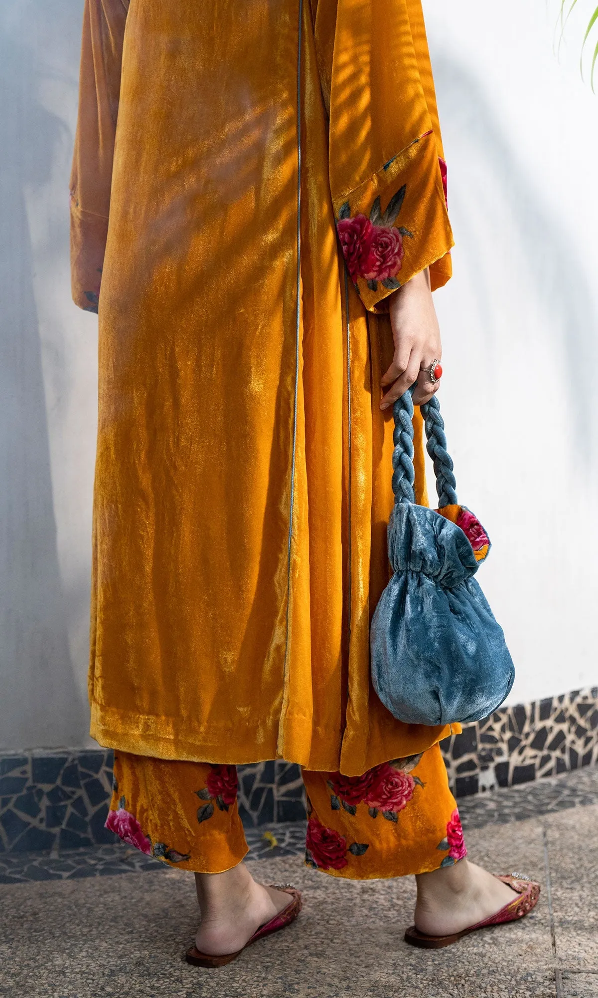 Bareen Silk velvet  Mustard Choga with floral velvet palazzo and silk scarf - Set of 3