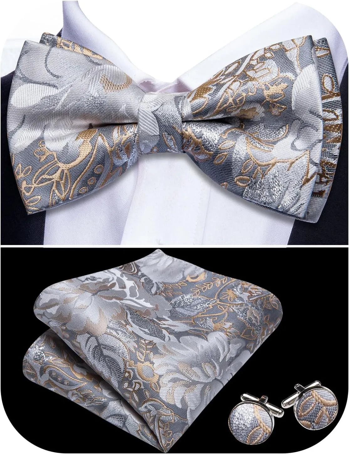 Barry.Wang Paisley Striped Bow Tie for Men Silk Pre-Tied Bowtie Pocket Square Cufflinks Set Formal Wedding Party Prom