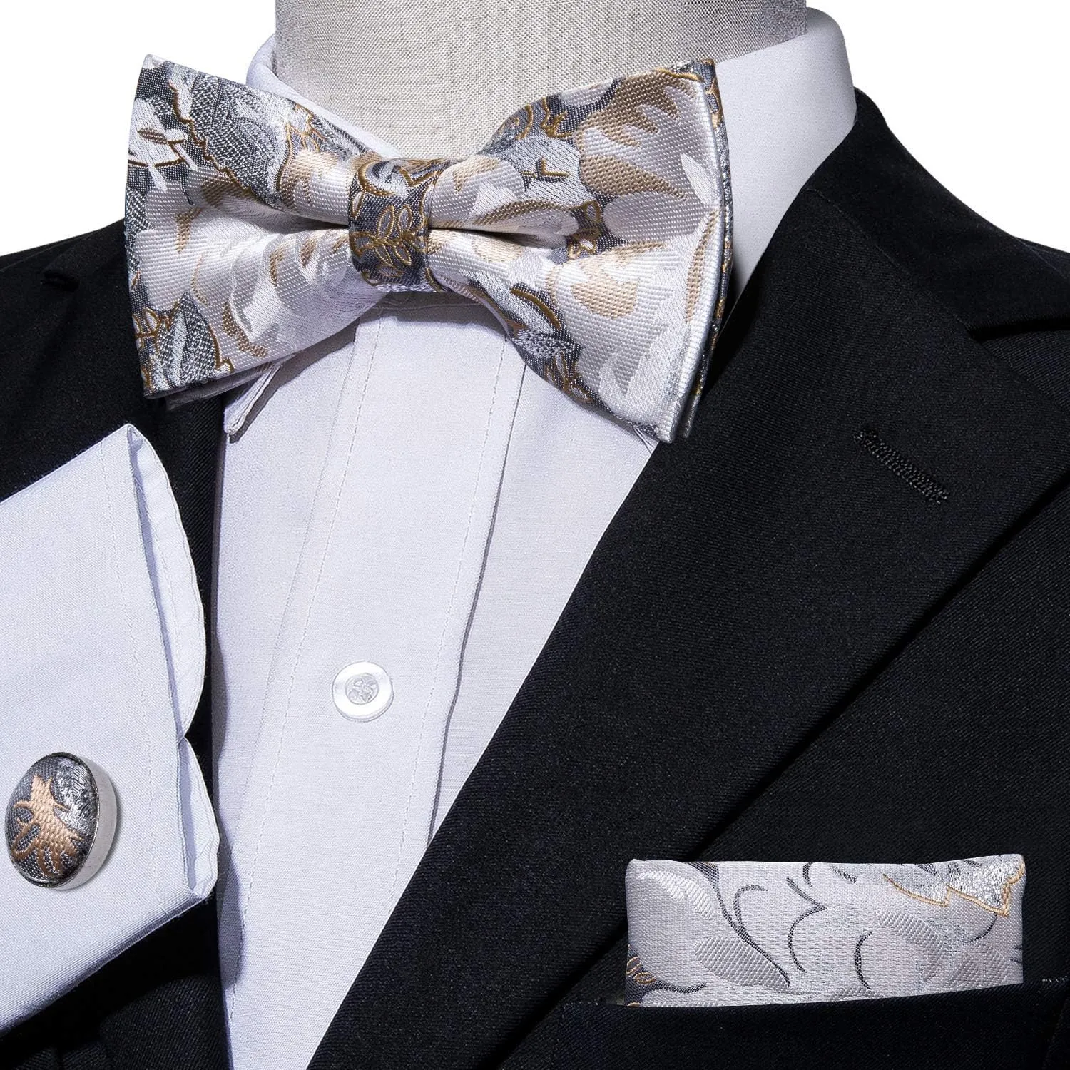 Barry.Wang Paisley Striped Bow Tie for Men Silk Pre-Tied Bowtie Pocket Square Cufflinks Set Formal Wedding Party Prom