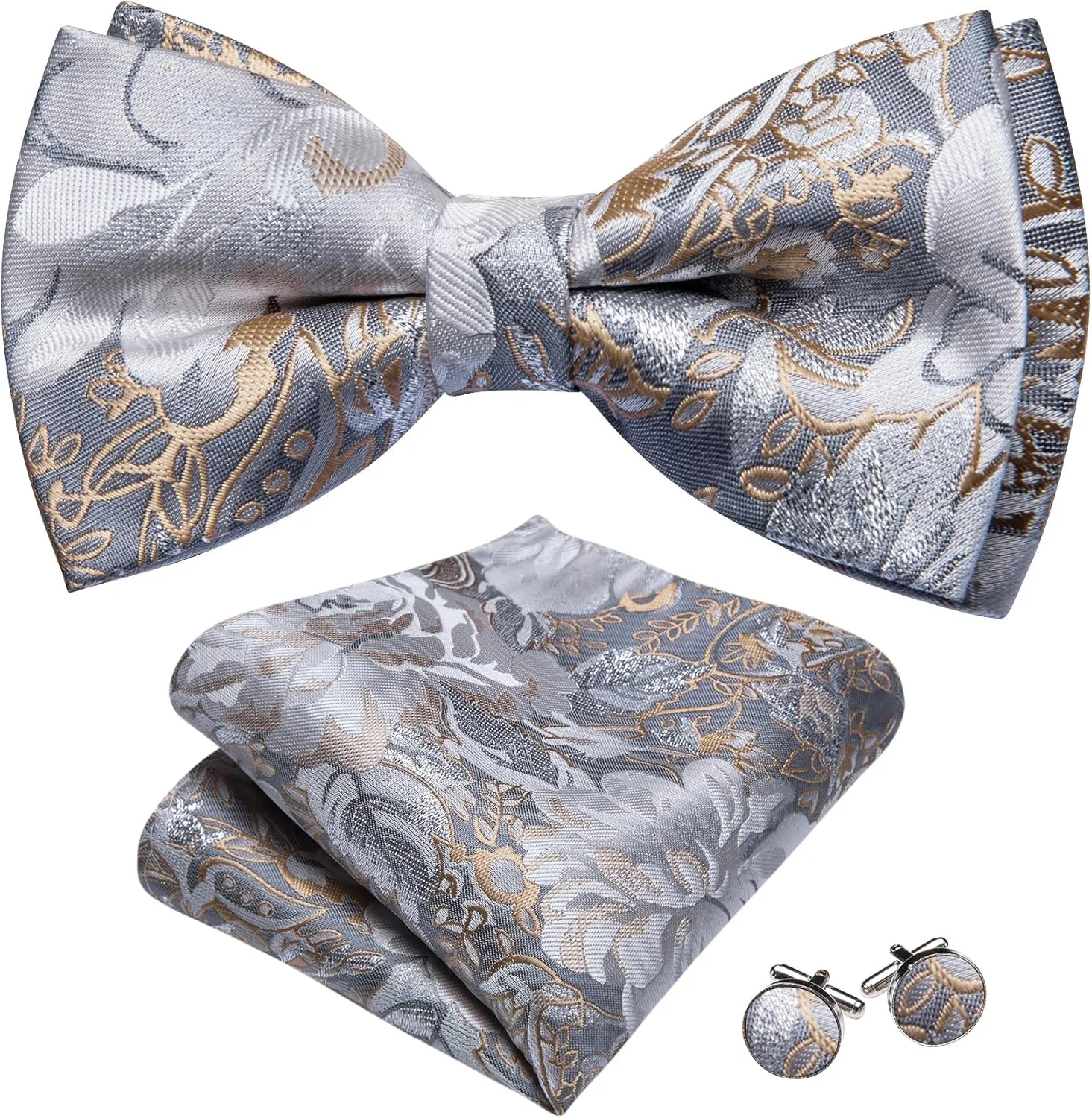 Barry.Wang Paisley Striped Bow Tie for Men Silk Pre-Tied Bowtie Pocket Square Cufflinks Set Formal Wedding Party Prom