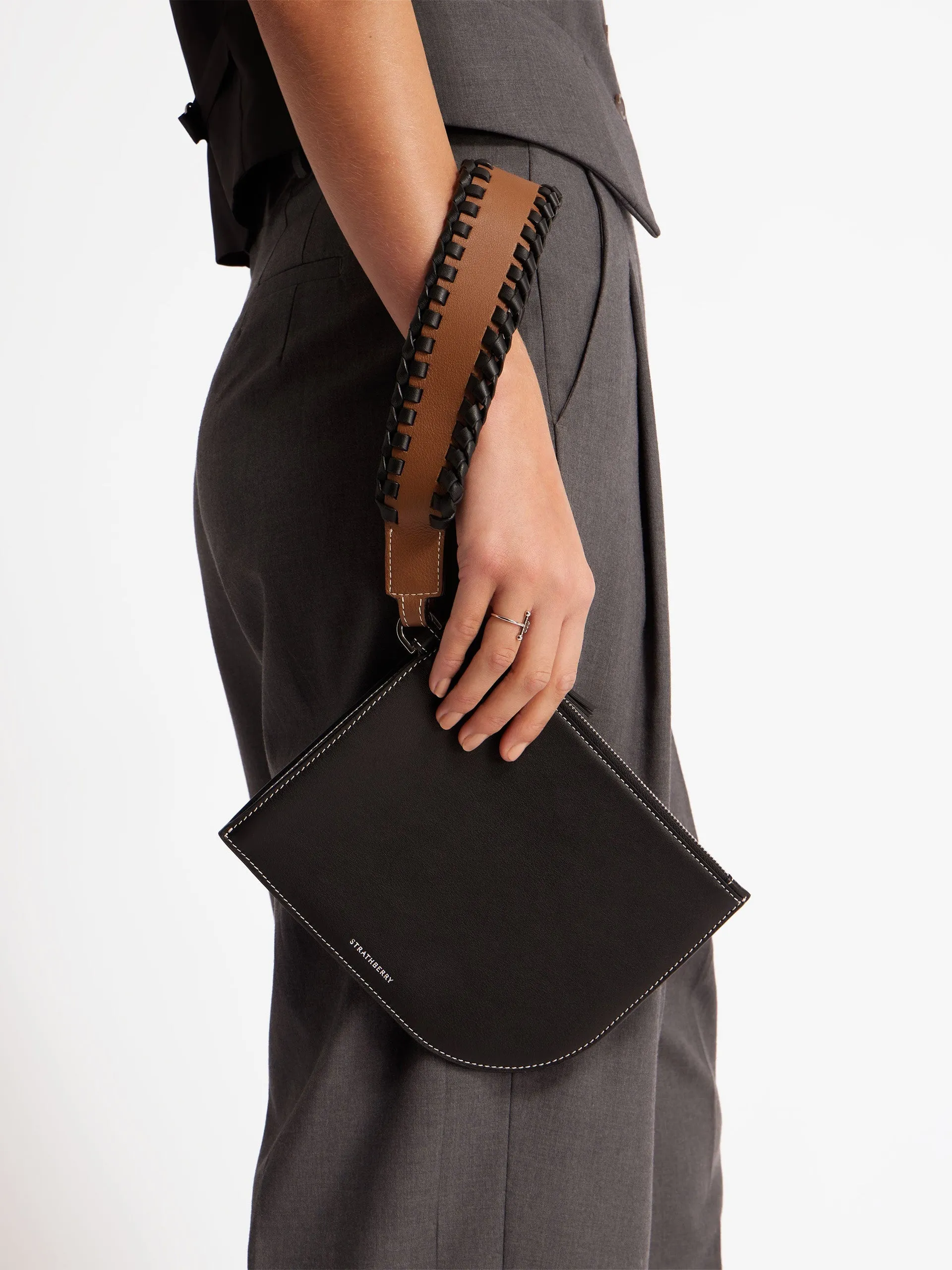 Black and chestnut leather wristlet