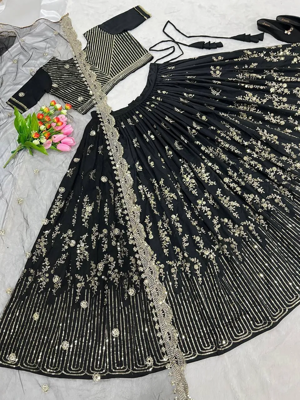 Black Taffeta Silk Embroidery Lehenga Choli with Dupatta