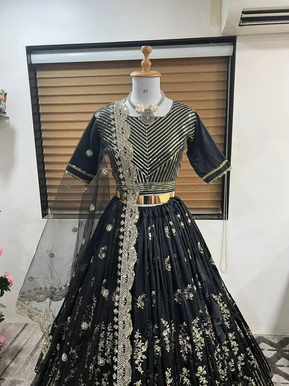 Black Taffeta Silk Embroidery Lehenga Choli with Dupatta