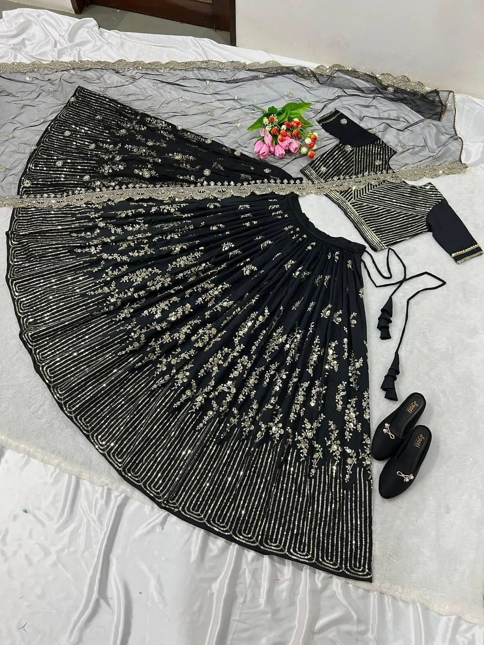 Black Taffeta Silk Embroidery Lehenga Choli with Dupatta