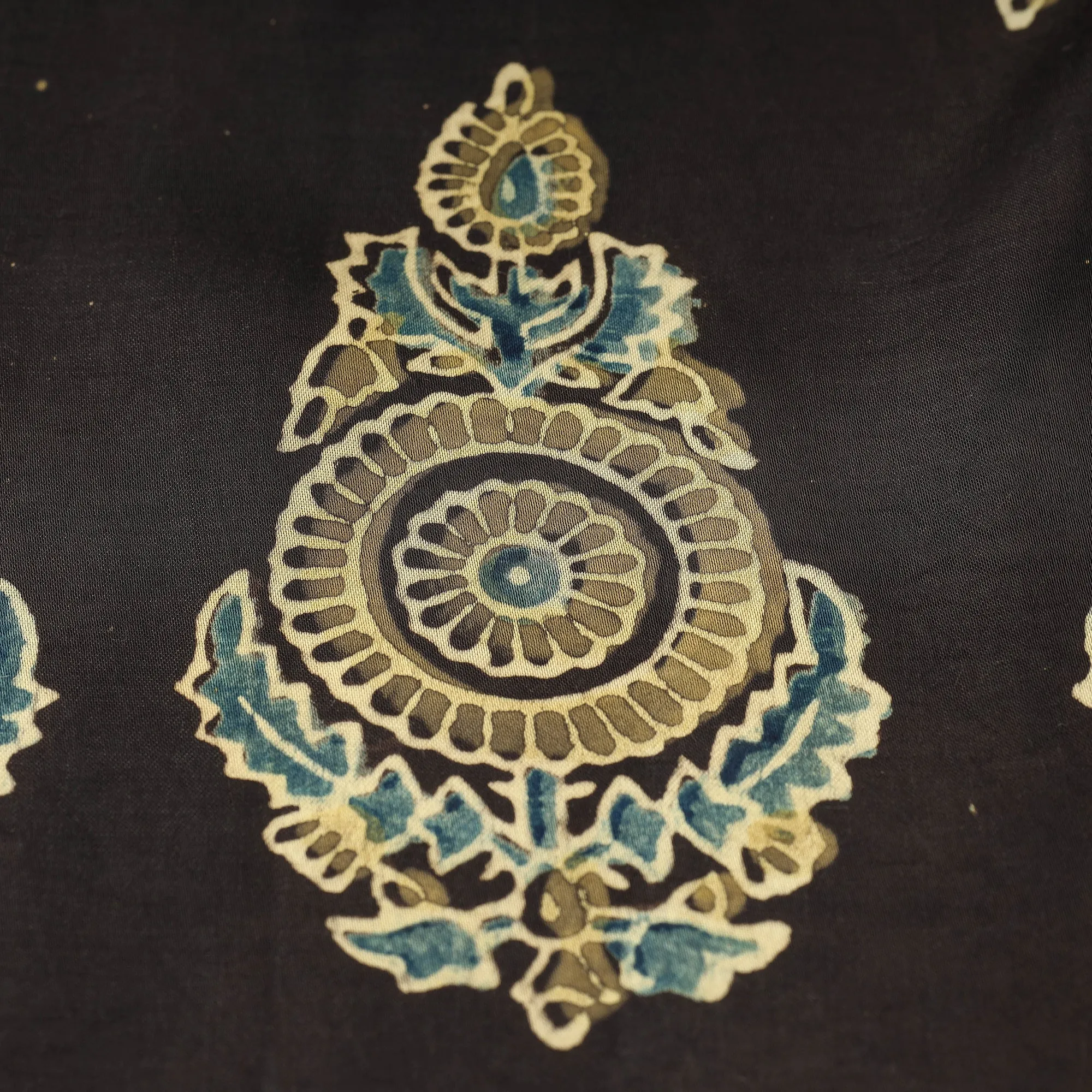 Black - Yellow Patterned Butta On Black Ajrakh Hand Block Printed Modal Silk Fabric