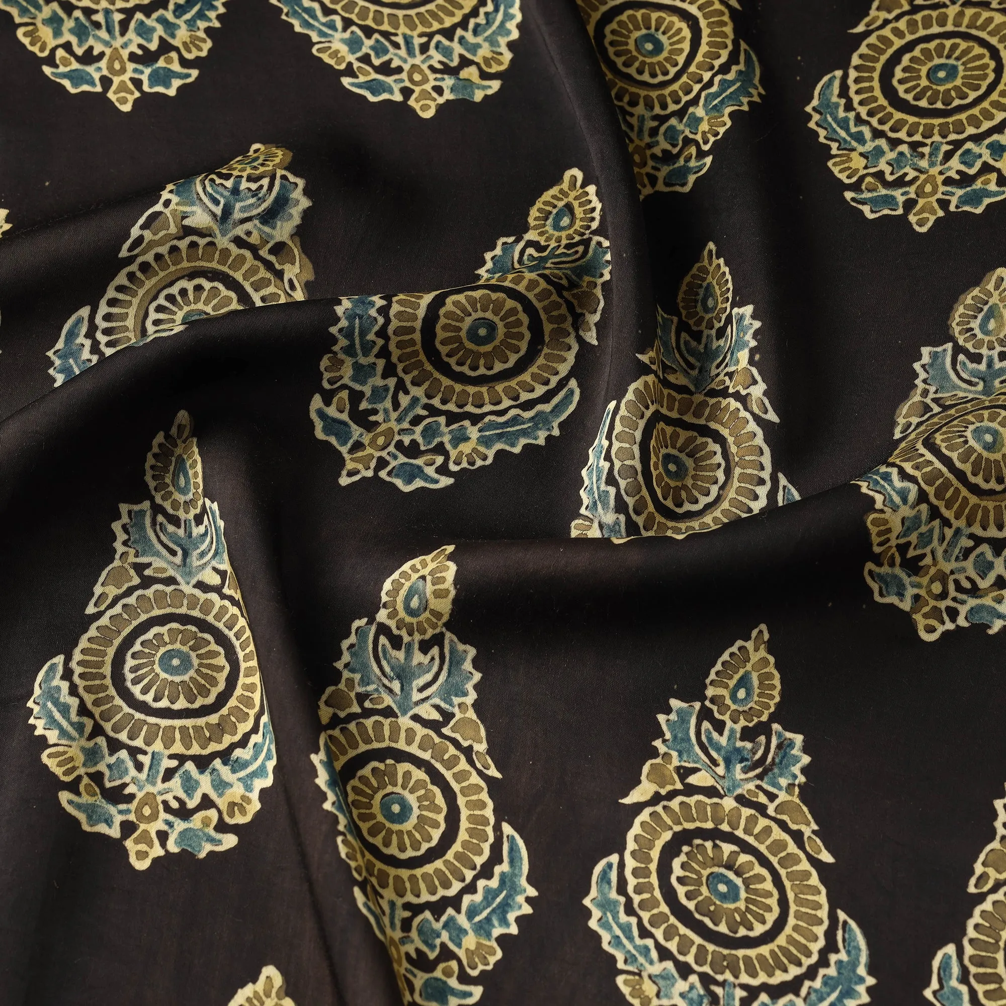 Black - Yellow Patterned Butta On Black Ajrakh Hand Block Printed Modal Silk Fabric