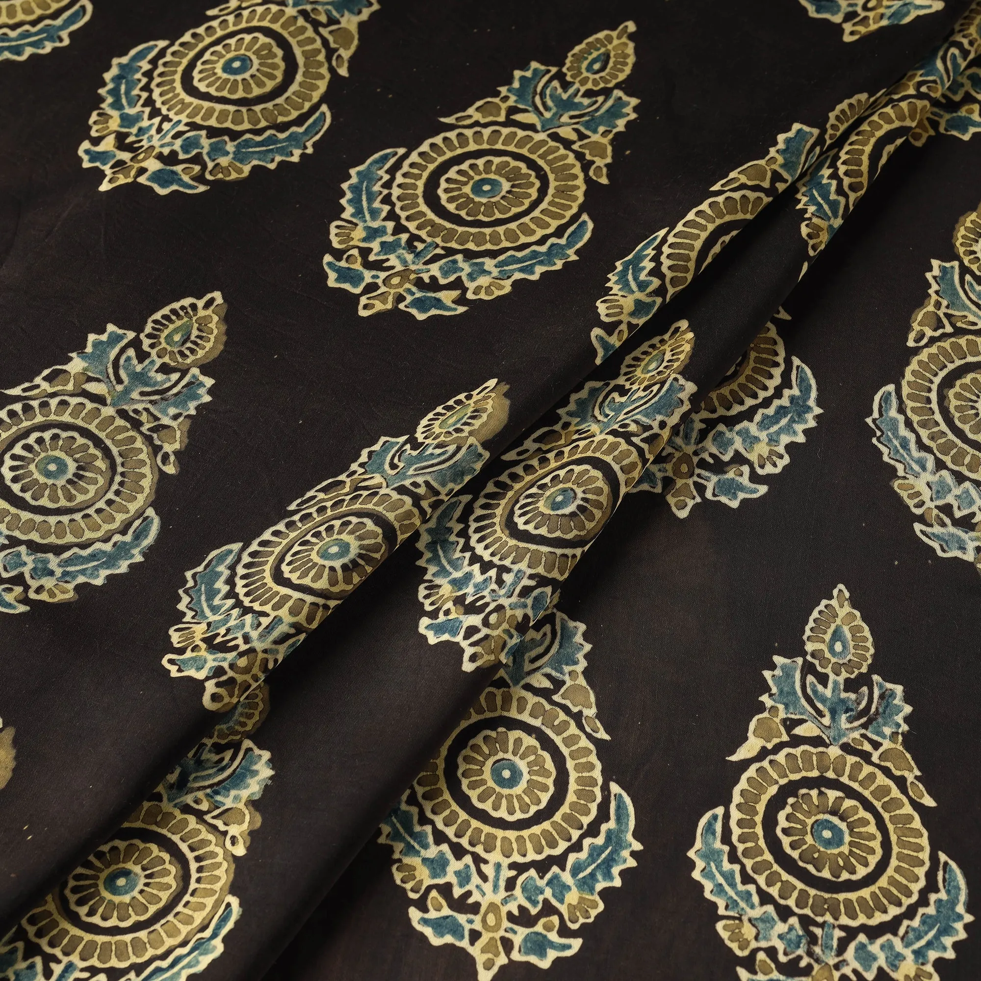 Black - Yellow Patterned Butta On Black Ajrakh Hand Block Printed Modal Silk Fabric