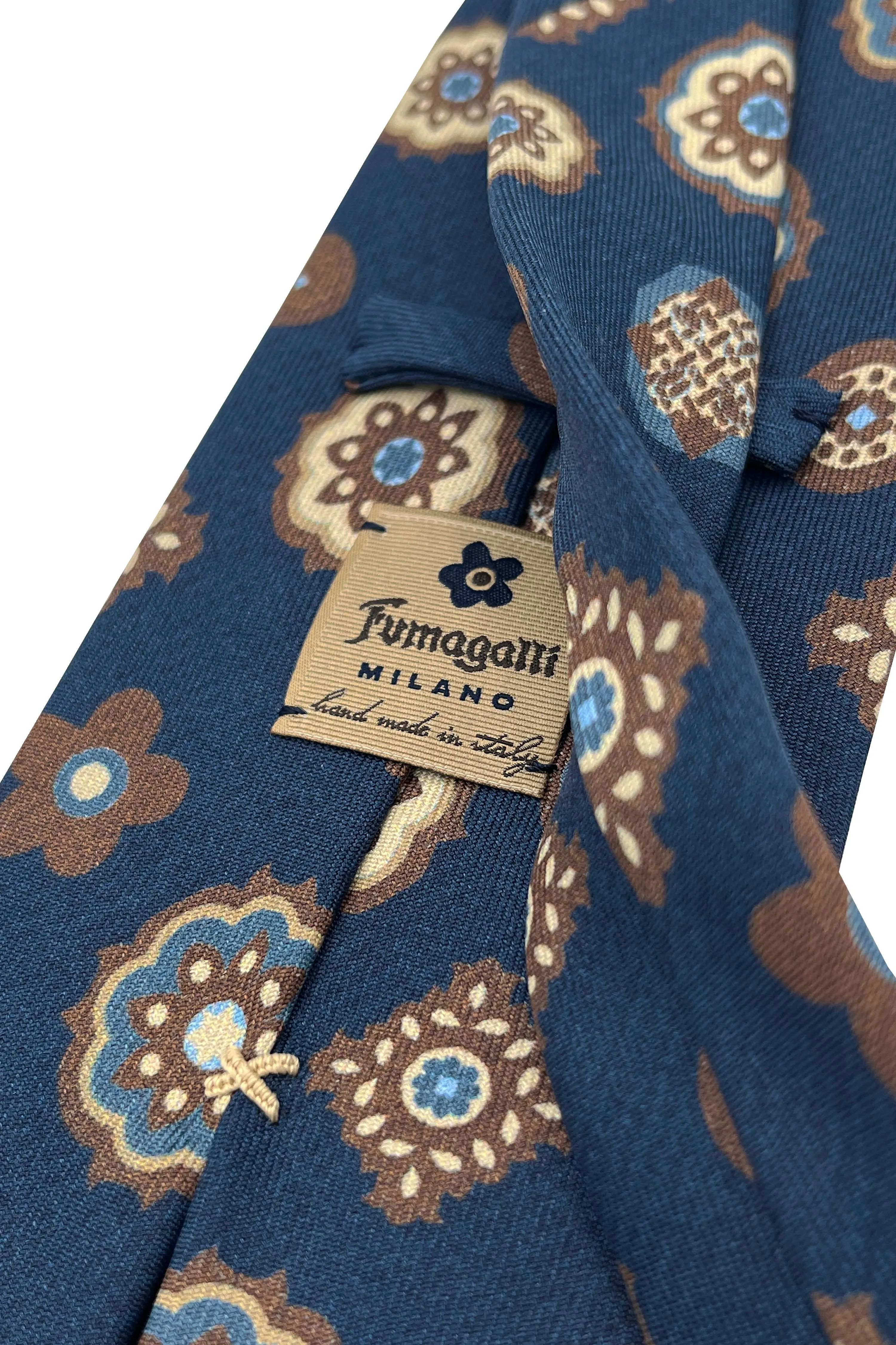 Blue and brown floral and geometric diamonds design printed silk hand made tie