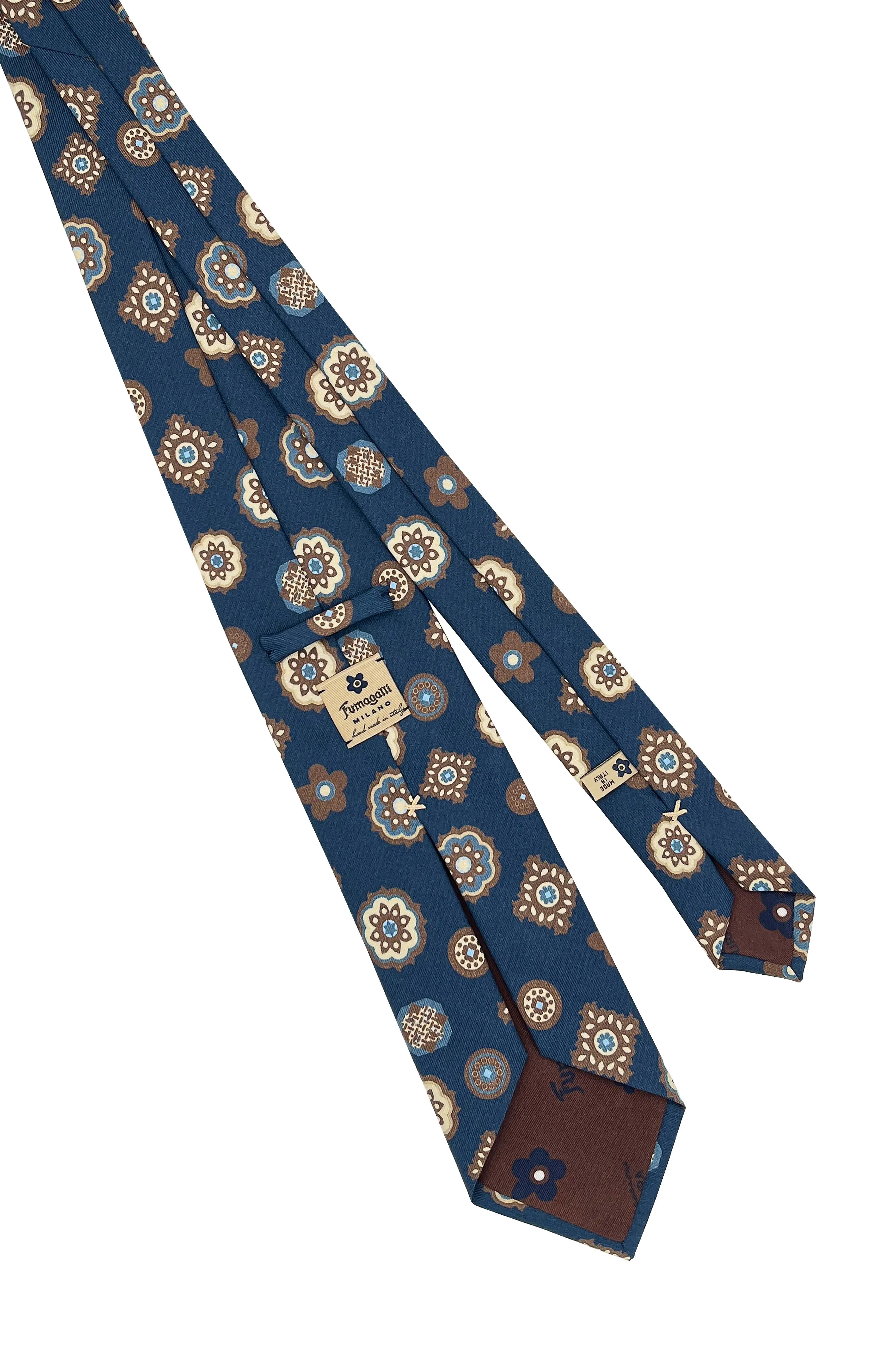Blue and brown floral and geometric diamonds design printed silk hand made tie