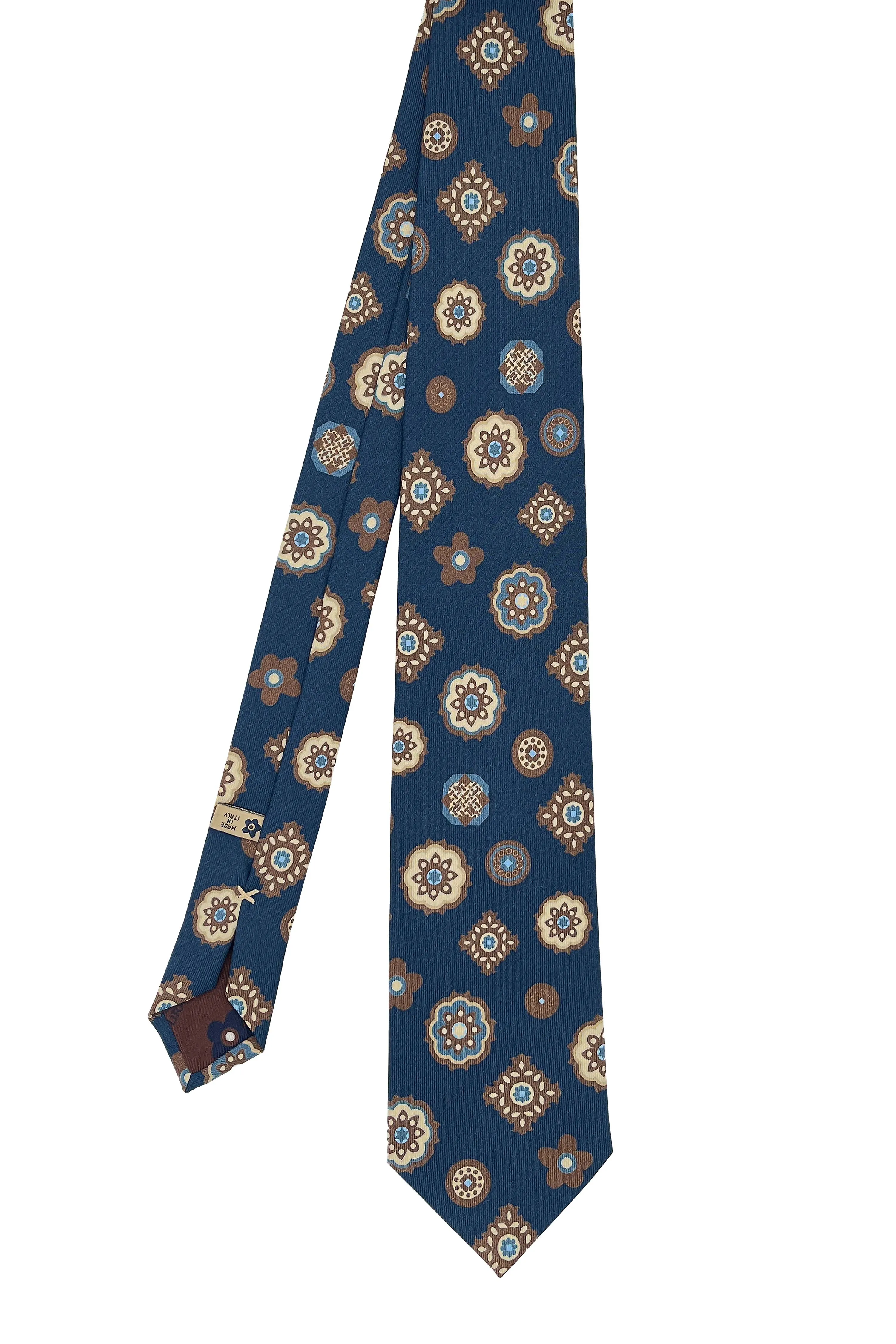Blue and brown floral and geometric diamonds design printed silk hand made tie
