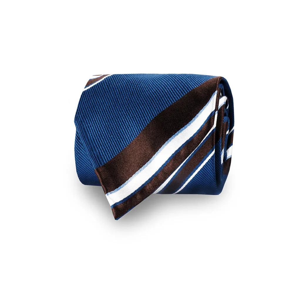 Blue and Brown unlined regimental tie and brown floral and paisley pocket square set