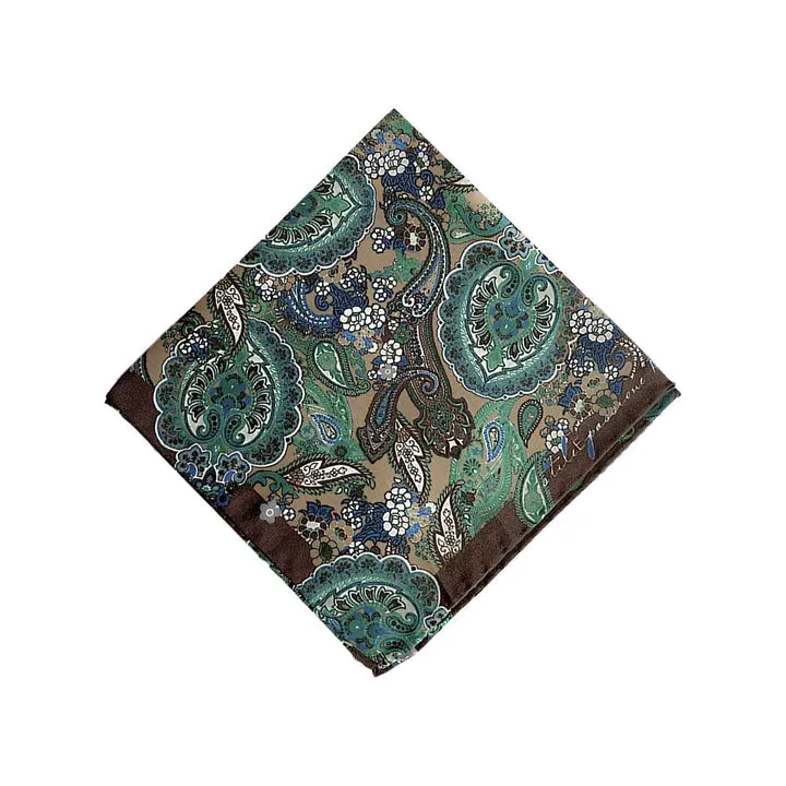 Blue and Brown unlined regimental tie and brown floral and paisley pocket square set