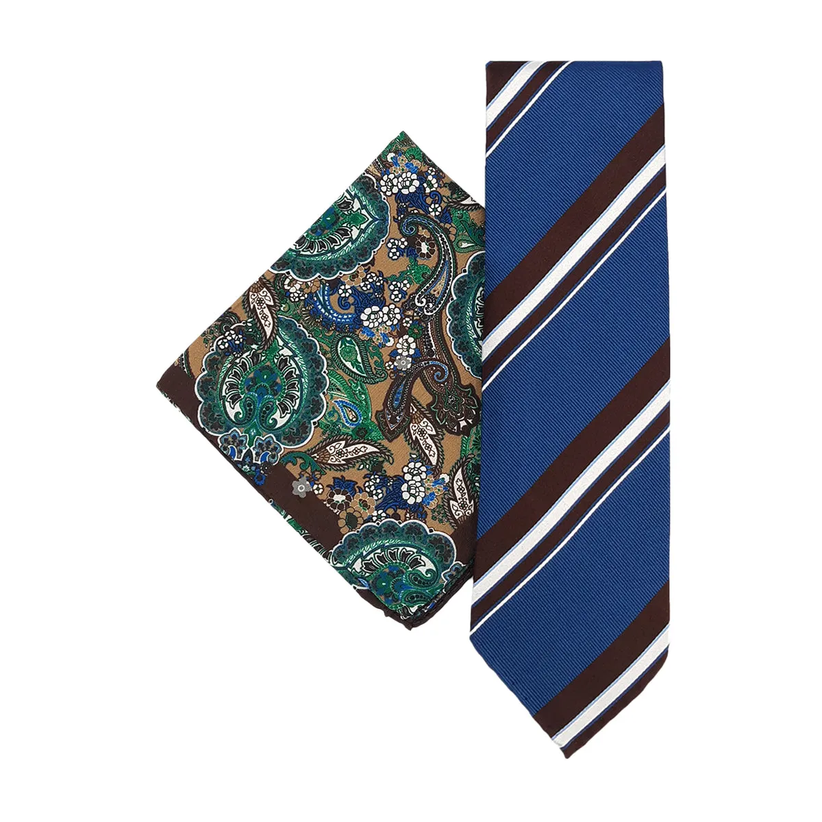 Blue and Brown unlined regimental tie and brown floral and paisley pocket square set