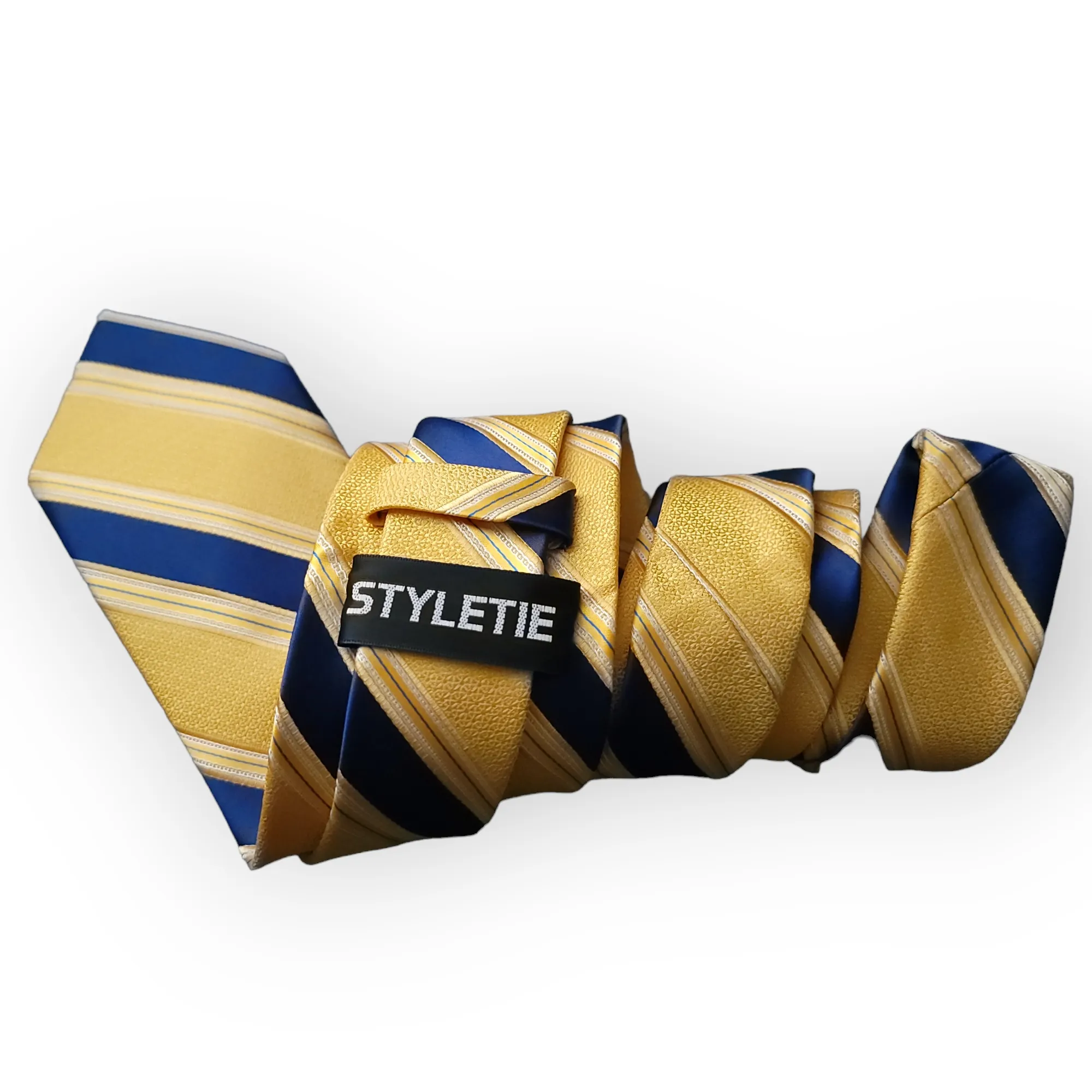 Blue Yellow Striped Silk Tie Pocket Square Cufflinks Set