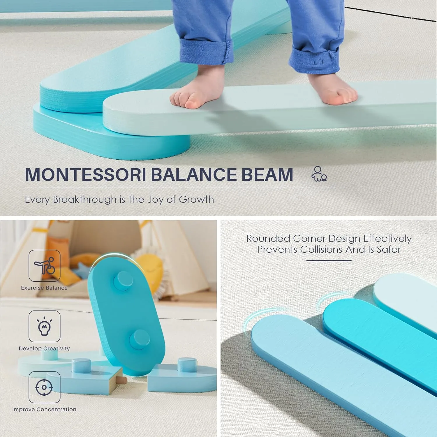BlueWood Balance Beam for Kids 3-5, Toddler Sensory Wooden Toys and Stepping Stones, Build Coordination Gymnastics Obstacle Motor Skill for Kid