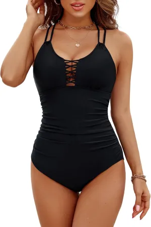 BMJL Women's Tummy Control Swimsuit Lace Up One Piece Bathing Suits Slimming V Neck Swimwear