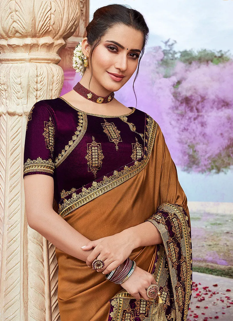 Brown And Maroon Multi Embroidered Saree