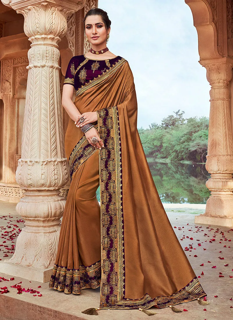 Brown And Maroon Multi Embroidered Saree