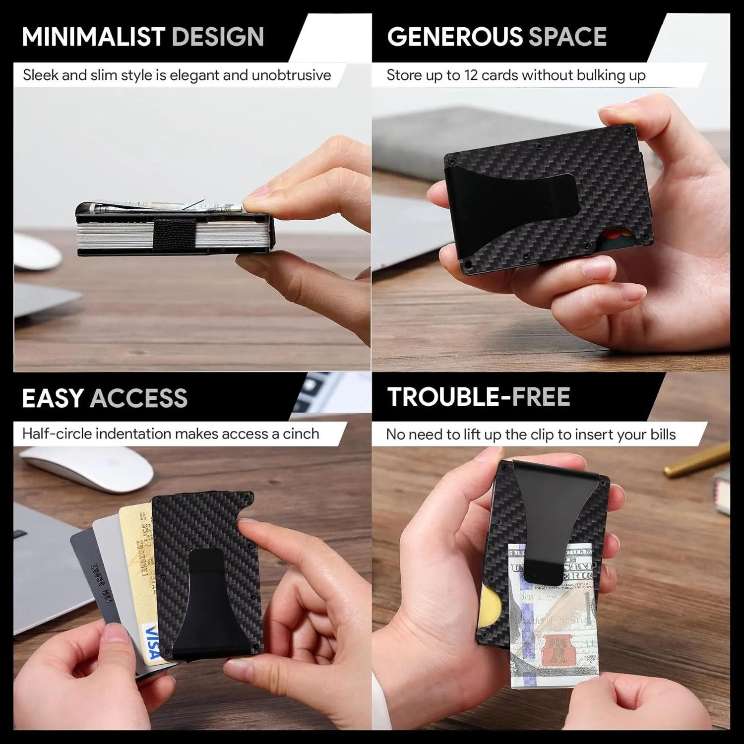 Carbon Fiber Minimalist Wallet for Men Credit Card Holder Money Clip & Cash Strap Slim RFID Mens Wallets