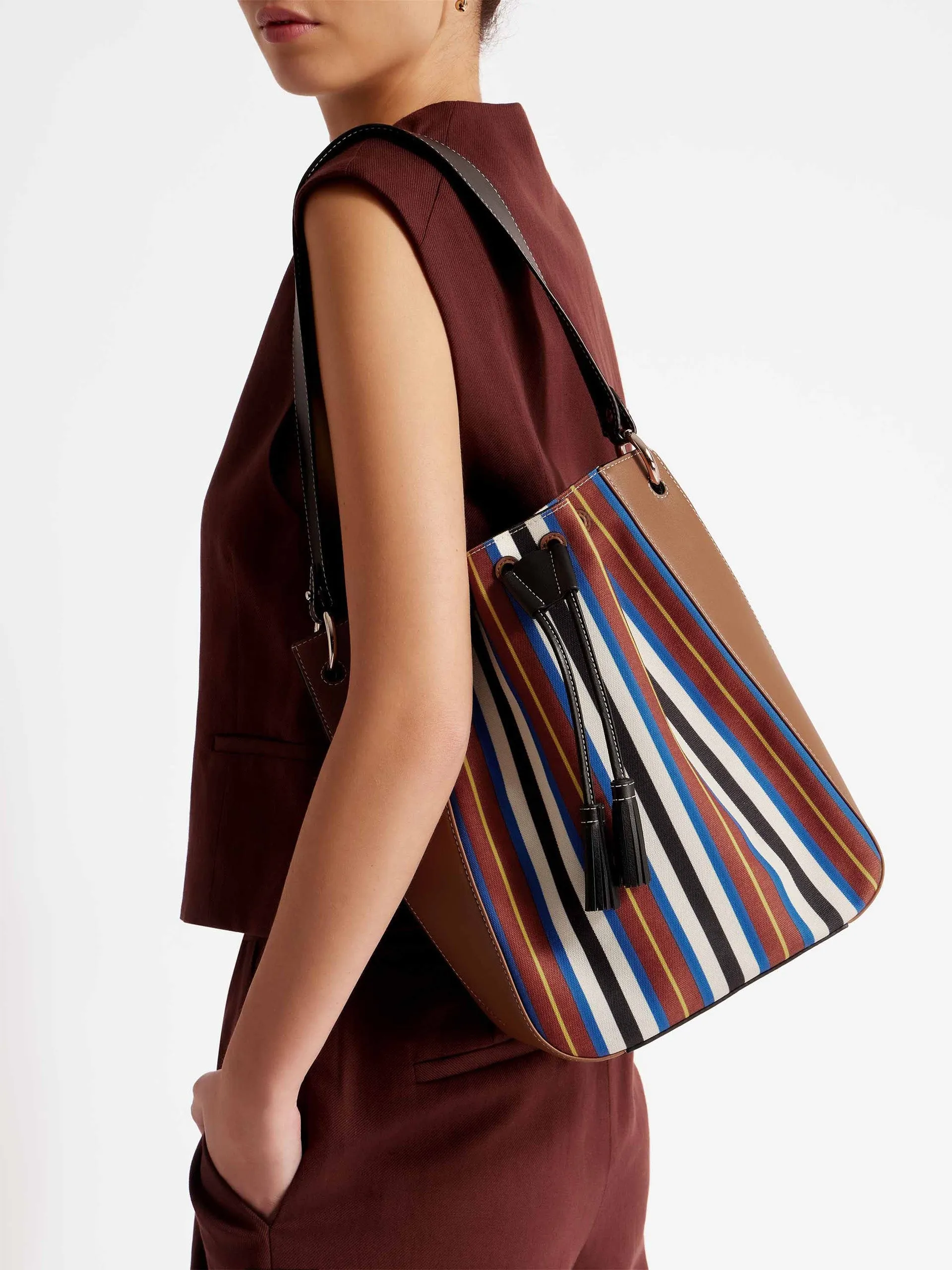 Chestnut, black and blue stripe Bollo midi bag