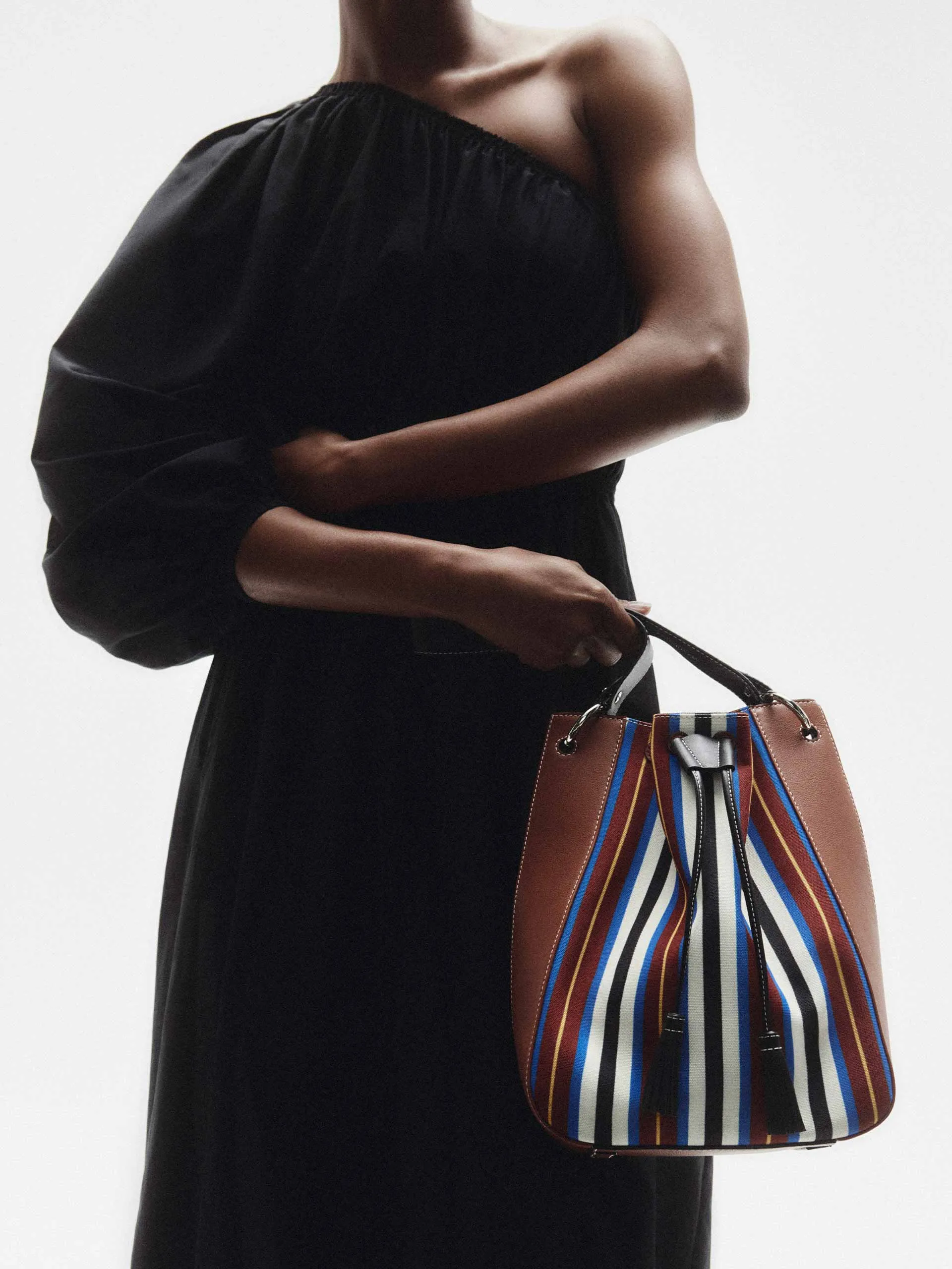 Chestnut, black and blue stripe Bollo midi bag