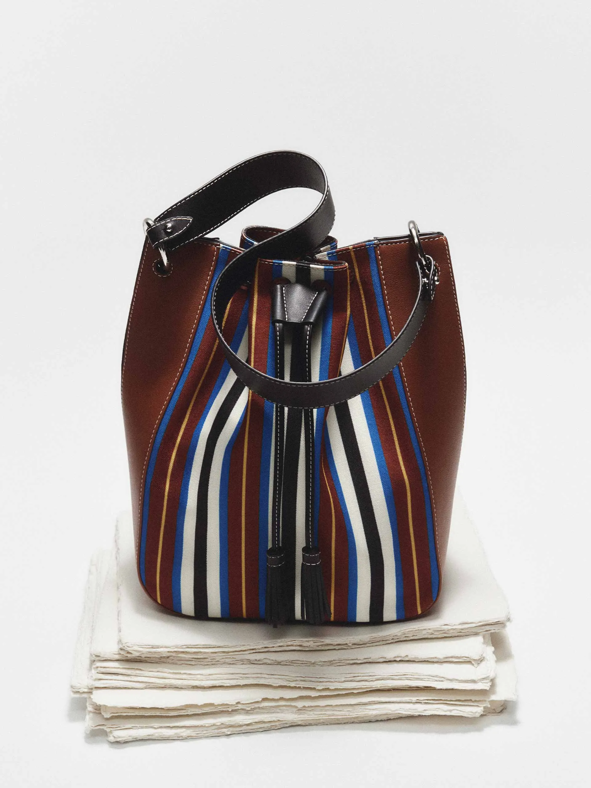 Chestnut, black and blue stripe Bollo midi bag