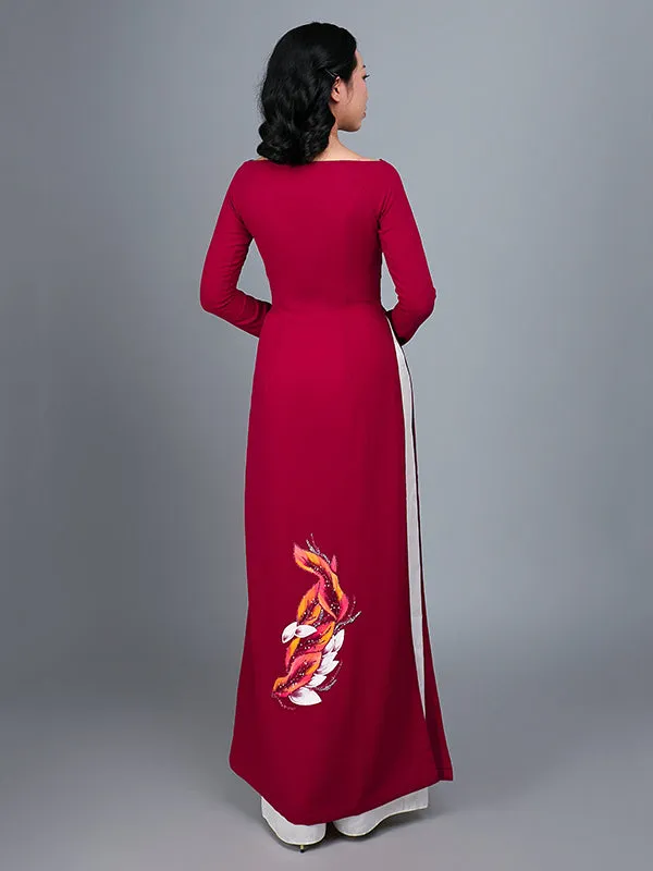 Custom Ao Dai Hand-Painted Floral Motif On  Red Silk