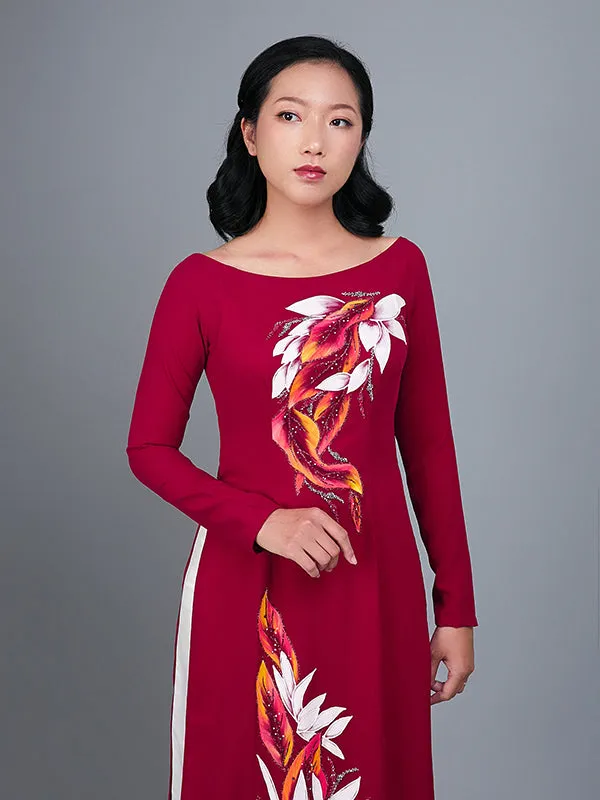 Custom Ao Dai Hand-Painted Floral Motif On  Red Silk
