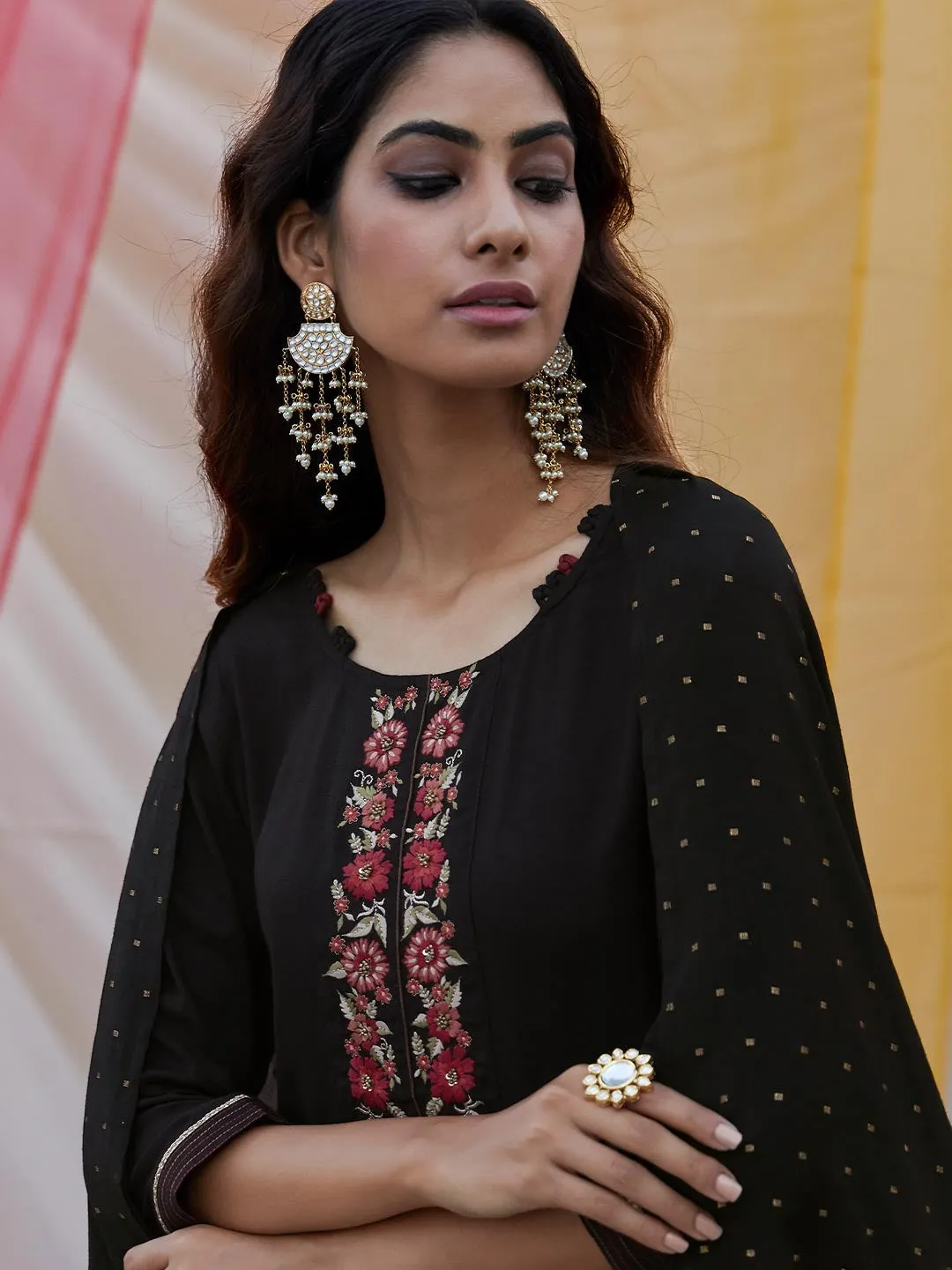Deep Black Elegant Embroidered Womens Viscose-Silk Dress