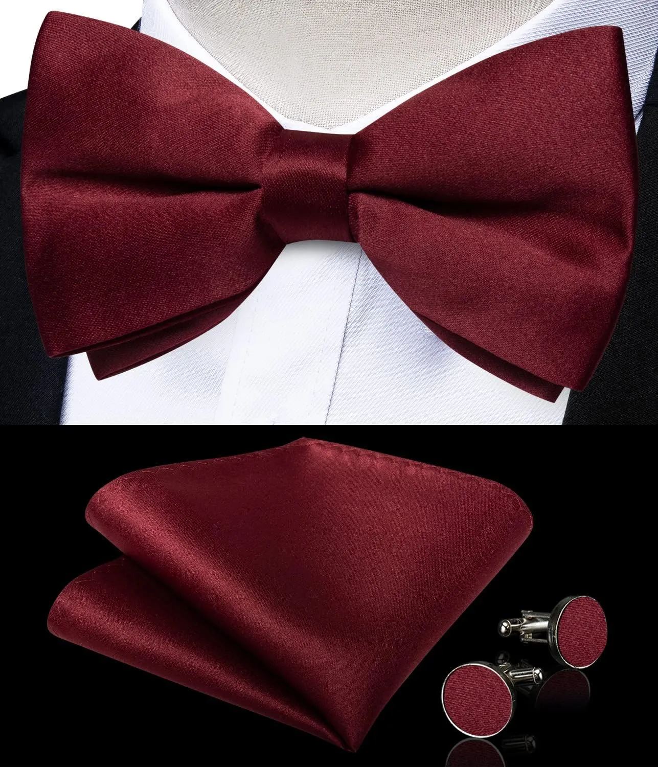 DiBanGu Mens Satin Pre-tied Bowtie Shiny Solid Bow Tie and Pocket Square Cufflinks Lapel Pin Set for Tuxedo Wedding Party