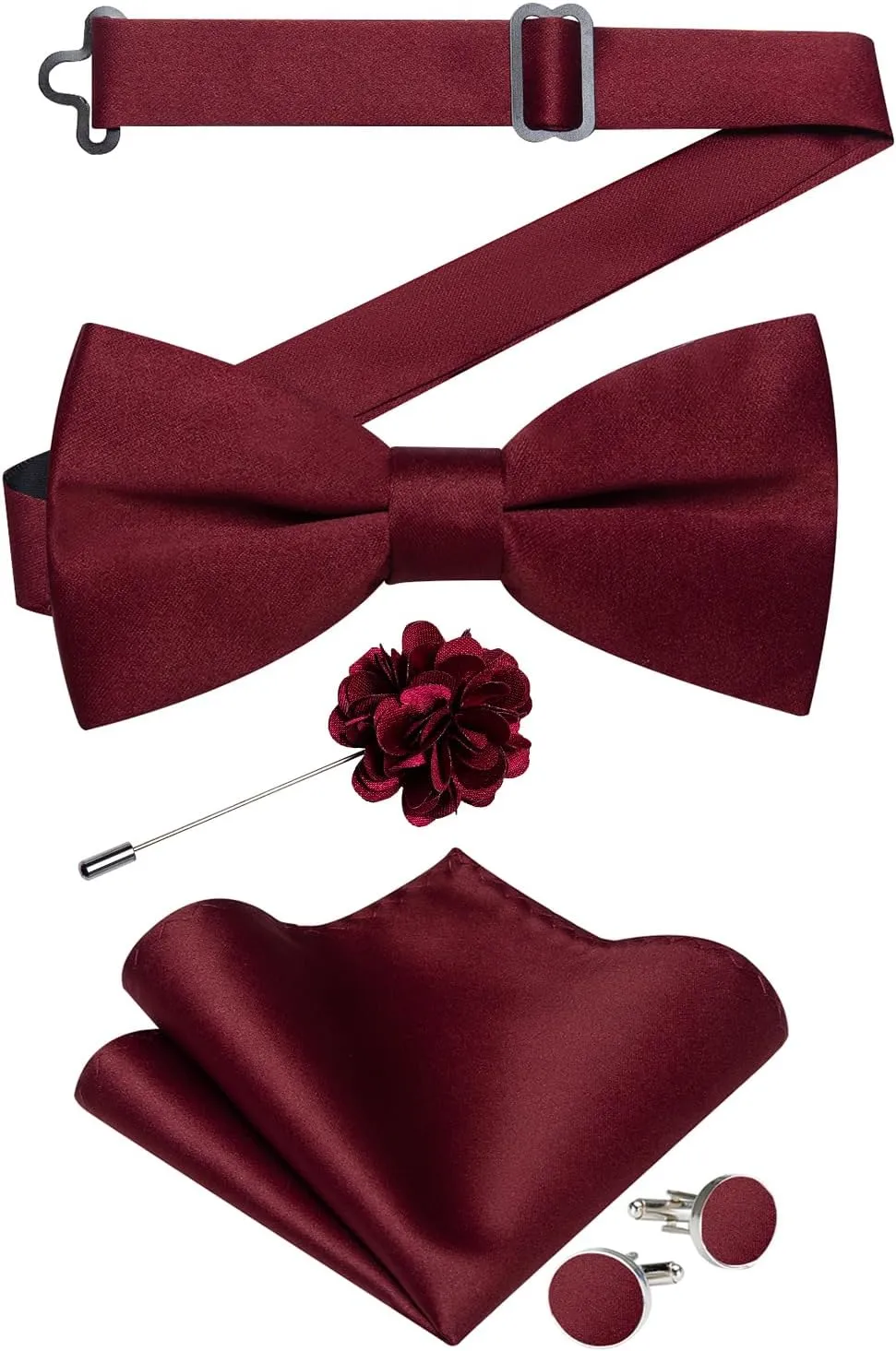DiBanGu Mens Satin Pre-tied Bowtie Shiny Solid Bow Tie and Pocket Square Cufflinks Lapel Pin Set for Tuxedo Wedding Party